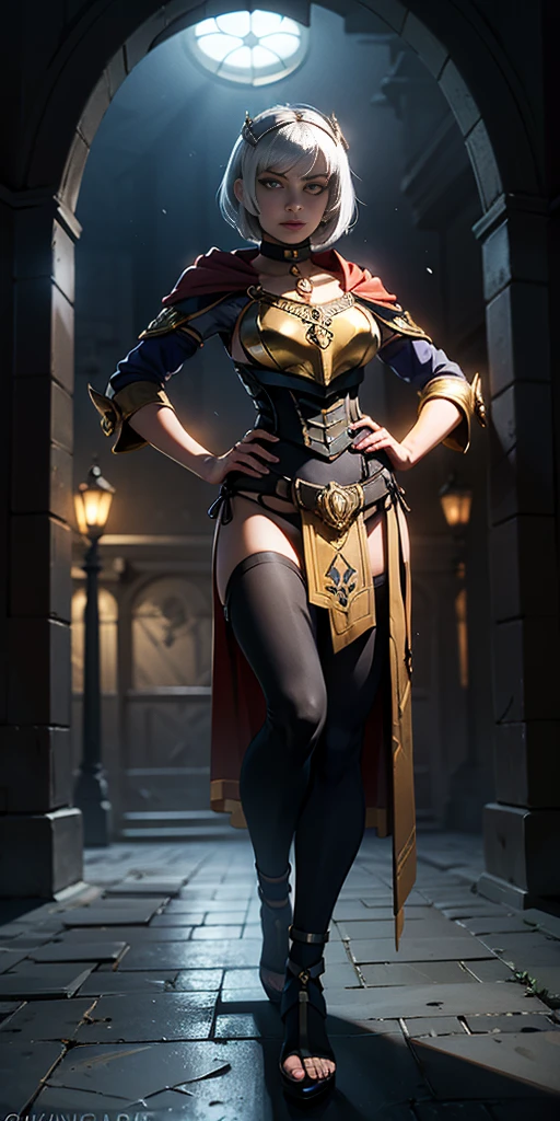 paladin lady in ornate golden armor, black collar, pauldrons, breastplate, corset, glowing halo, short hair, bob hair style, white silver hair, yellow glowing eyes, bright pupils, eye focus, red cape, temple indoors, stained glass windows, night, moonlight, particles, light beam, chromatic aberration, (full body, whole body. 1solo (girl). slave fighter, loincloth standing, hands on hips full body, whole body, metal sandals, choker, big belt, view from below, feet together, bracers, tiara)