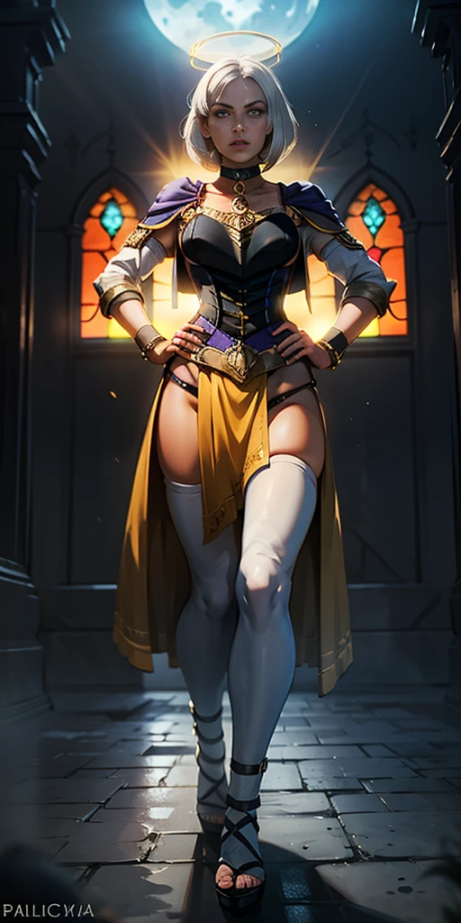 paladin lady in ornate golden armor, black collar, pauldrons, breastplate, corset, glowing halo, short hair, bob hair style, white silver hair, yellow glowing eyes, bright pupils, eye focus, red cape, temple indoors, stained glass windows, night, moonlight, particles, light beam, chromatic aberration, (full body, whole body. 1solo (girl). slave fighter, loincloth standing, hands on hips full body, whole body, metal sandals, choker, big belt, view from below, feet together, bracers, tiara)