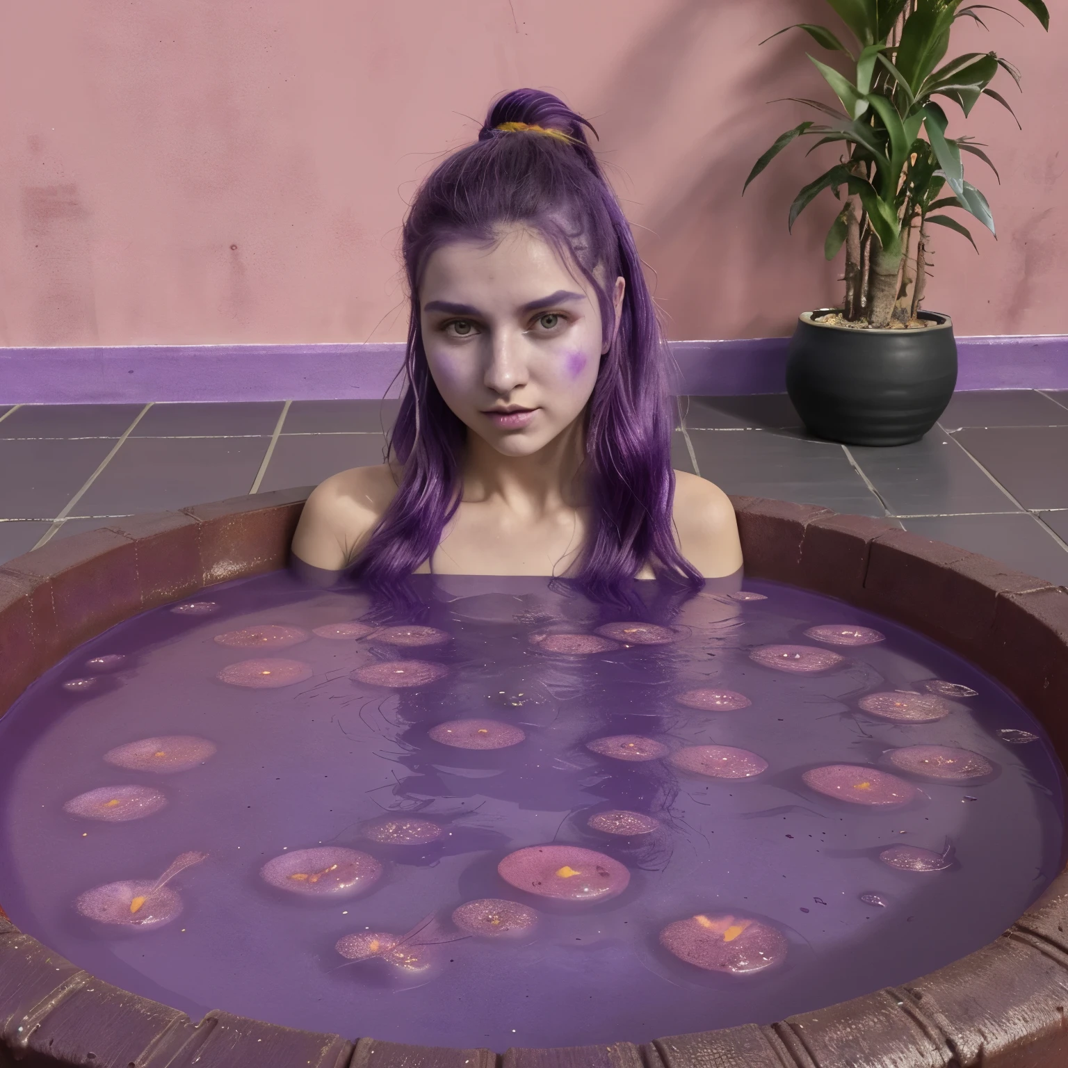 Generame un baso deramando un productode color morado y en el charco de color morado ay unas lertras con las iniciales CT con vordes puntiagudos