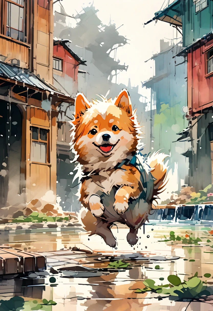 (a Shiba Inu jumping over water puddles), messy, wet and muddy, funny playful scene, a watercolor painting style, soft and beautiful colors.