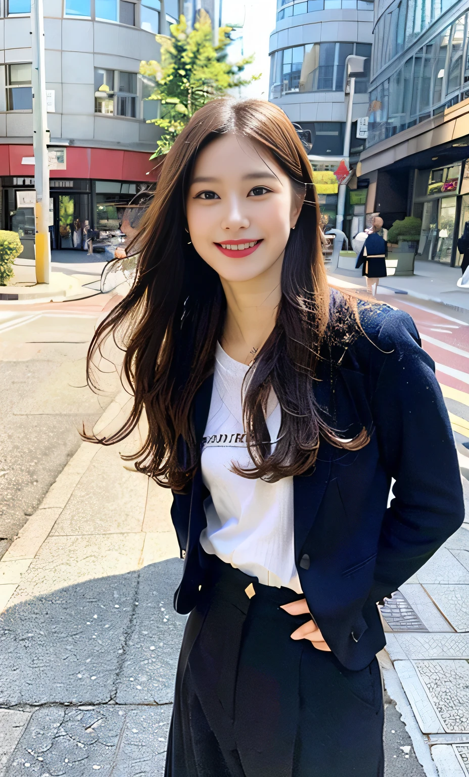Ulzzang-6500-v1.1, (RAW Photos:1.2), (Realistic:1.4), Beautiful detailed girl, Very detailed eyes and face, Beautiful fine details, Beautiful legs、Ridiculous, Incredibly Ridiculous, Large file size, Super detailed, High resolution, Very detailed, highest quality, masterpiece, Kemomimi, ( Wide leg pants ), Face Light, Cinema Lighting, 1 girl, (smile), (Seductive poses))), Full length portrait of a high school girl standing in a bright city street。。She is wearing black loafers on her feet.、The shoes are clearly visible in the bright sunlight.。Behind him are tall buildings and people passing by.々You can see。Her expression is positive and confident。