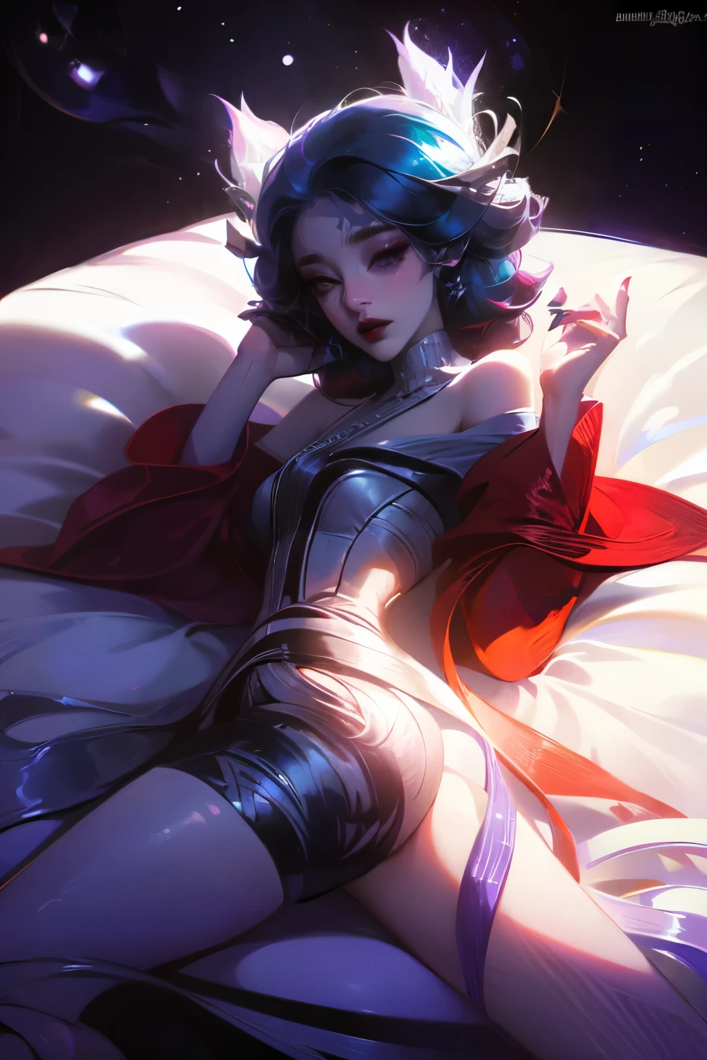 (Pixel Art: 1.2), Beautiful gothic woman, Sexy gothic girl, Designer sweatshirt jacket with logo, Pants, Black short hair，Blue hair tips, bedroom, Lying in bed, (By Isaac Quick: 0.8) [author：Ilya Kuvshinov: 0.65]