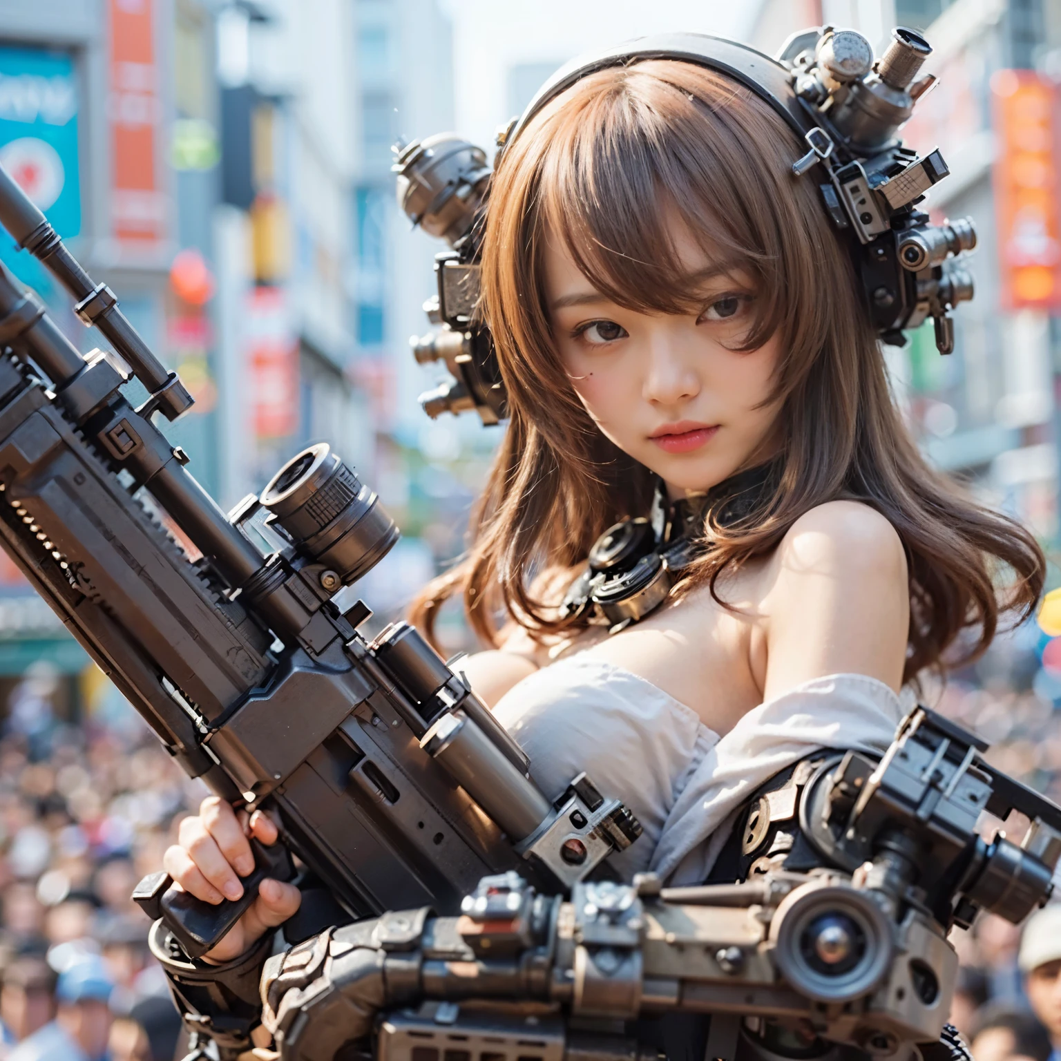 (masterpiece, best quality:1.2), (8k uhd, 16k, 32k, ultra high res), (photorealistic:1.37), (RAW photo), ultimate-realistic, ultimate-realistic details, ultimate-realistic texture, ultimate-intricate details, ultimate-realistic lighting, ultimate-realistic shadow, japanese girl, ultimate-cute face, ultimate-RAW skin, ultimate-realistic eyes, Japanese woman in insect powered suit, cannon mounted on shoulder, very cute face, mechanical, extremely intricate details, full body shot, ultimate photorealistic, big city locked down