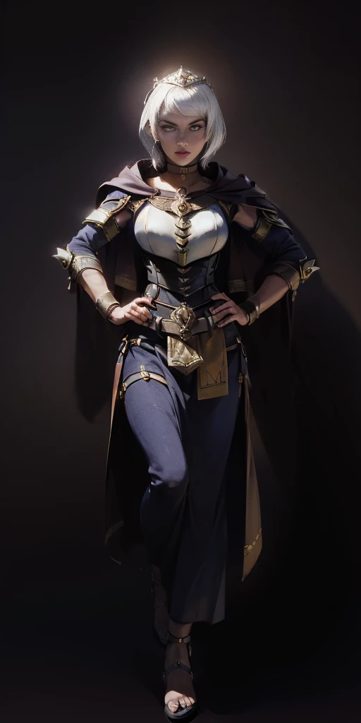 ((plain background 1:2)) paladin lady in ornate golden armor, black collar, pauldrons, breastplate, corset, glowing halo, short hair, bob hair style, white silver hair, yellow glowing eyes, bright pupils, eye focus, red cape, particles, light beam, chromatic aberration, (full body, whole body. 1solo (girl). slave fighter, loincloth standing, hands on hips full body, whole body, metal sandals, choker, big belt, view from below, feet together, bracers, tiara)