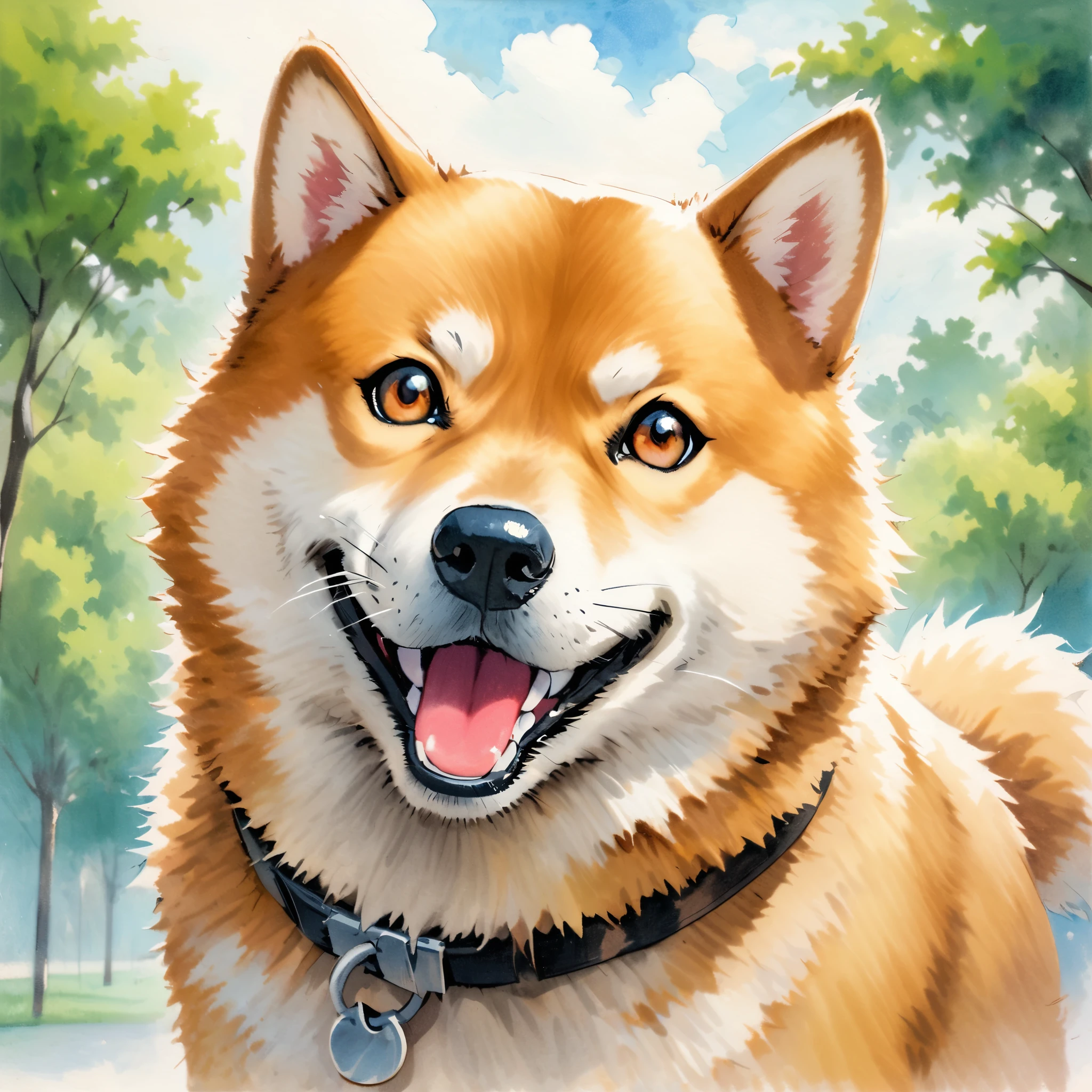 1 Shiba Inu，traditional media,look up,Park Background ,(Shiba Inu details） ,( solitary )