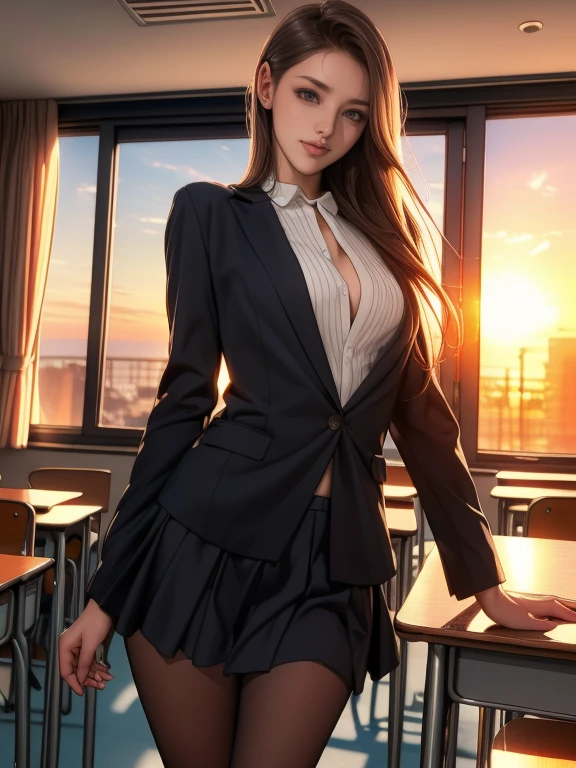 (8k,Photorealistic, masutepiece, Best Quality, Raw photo:1.3)、1woman in, 25years old,Solo,school girl, Long hair, Brown hair, Detailed beautiful face, alluring face, (Detailed beautiful brown eyes:1.2), medium breasts,(loose suit, sheer Skirt :1.35), ( Perfect body skinny beauty: 1.4),( temptation Pose:1.3), (Looking at Viewer, front view,eyes focus:1.2), Detailed background, (sunset:1.2), classroom,fine detailed, intricate detailes, Ray tracing, depth of fields, seductive smile,classroom,
