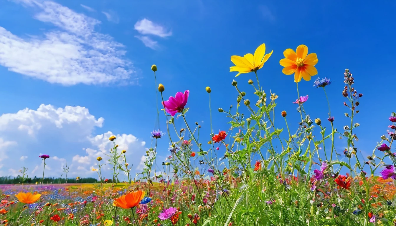 There are many different colored flowers blooming in the fields., Blue sky in the background、A big flower in front、Wildflowers, Meadow flowers, Wildflowers, Flower meadow,