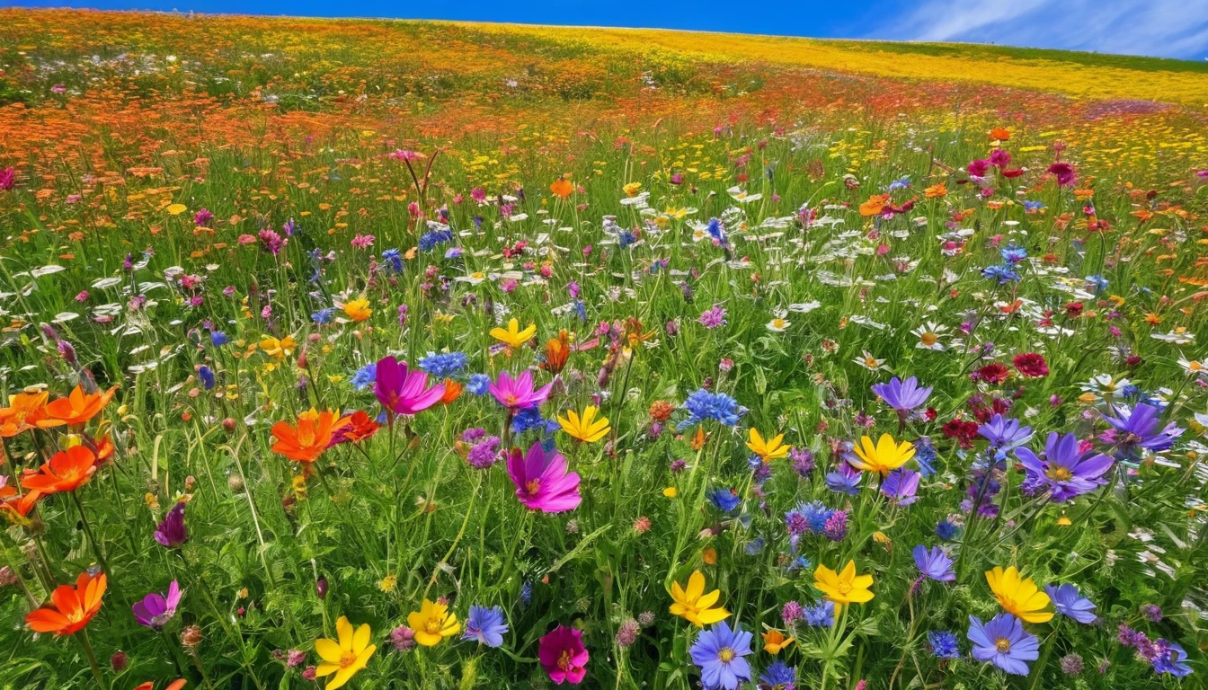 There are many different colored flowers blooming in the fields., Blue sky in the background、A big flower in front、Wildflowers, Meadow flowers, Wildflowers, Flower meadow,