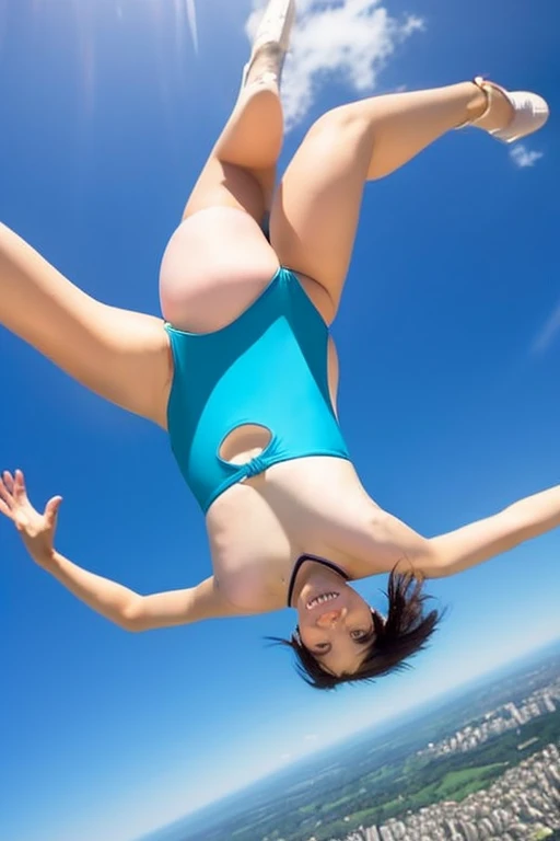 A beautiful Japanese woman in her late 20s with a bob cut is skydiving in the sky4000Meters、She is sensual、Micro Bikini、Very sexy swimsuit、She has her arms and legs spread wide and is having so much fun.!
