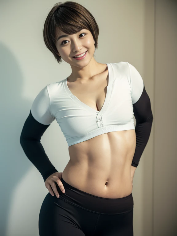 ((Great quality,Great quality,high quality, very beautiful,beautiful, 最high quality, Realistic)) ,One woman,(Open Stance),((Black Sports Shirt, White Yoga Pants,Belly button,Low rise)),((Light brown hair,blunt bangs, pixie cut, 太くてbeautiful眉)),Detailed body,photograph,3D, texture,, View here, ((最high quality, Great quality, very beautiful, Absurd))、(Perfect beautiful face 1.2),(smile),(Perfect and beautiful posture:1.2),(30 year old beautiful Japanese woman),(Mature Woman),(Face with makeup),((((Flat Chest)))),Big Ass,Strong legs, Vertical navel,(Muscular body),(whole bodyに汗をかく:1.2),超高解像度のphotograph,Looking at the camera,(Stand facing forward),(whole body),