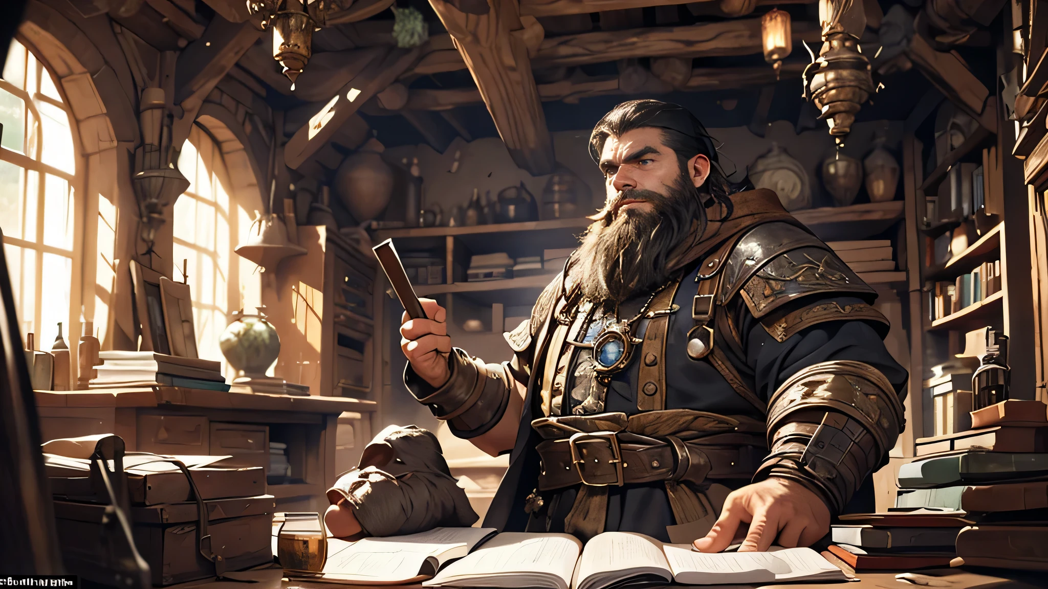 depict a dwarf with short black hair and a beard, sturdy body, rear view. was in a room in a cave, the room looked messy and dusty with notes scattered around, fantasy theme, read a blueprint of a design