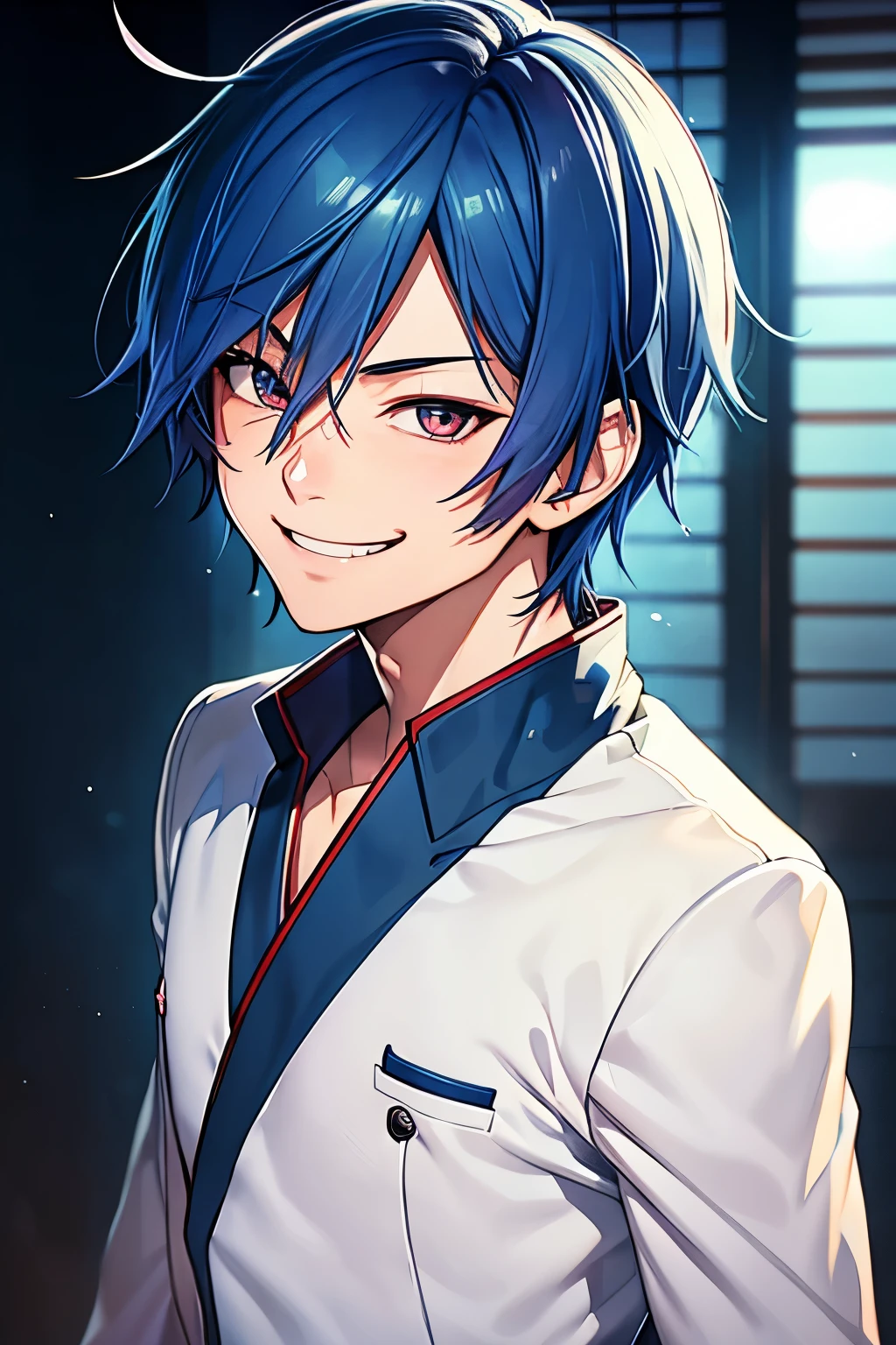 (Male), (high school,Japanese) anime style,wearing uniform, blue dyed hair, (Cheeky smile),trouble maker,(HDR,4k,realistic),ultra-detailed,sharp focus,portrait photography,warm tones,vivid coloring, vibrant lighting