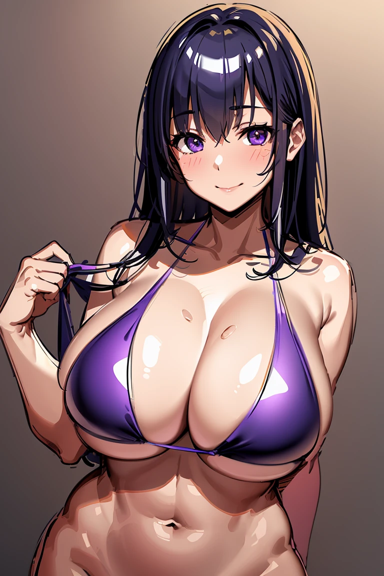 High Resolution、An ultra-high picture quality、Best Quality、Realistic Woman、A smile、japanes、Japanese face、18-year-old woman、married woman、(curvy woman:1.2)、a navel、A dark-haired、long、Shiny skin、Oiled skin、high gloss skin、Huge breasts、purple bikini、Facing the front、 model poseetallic bikini、Oiled skin、glistning skin、high gloss skin:1.4)、(sketchy:1.8),standing