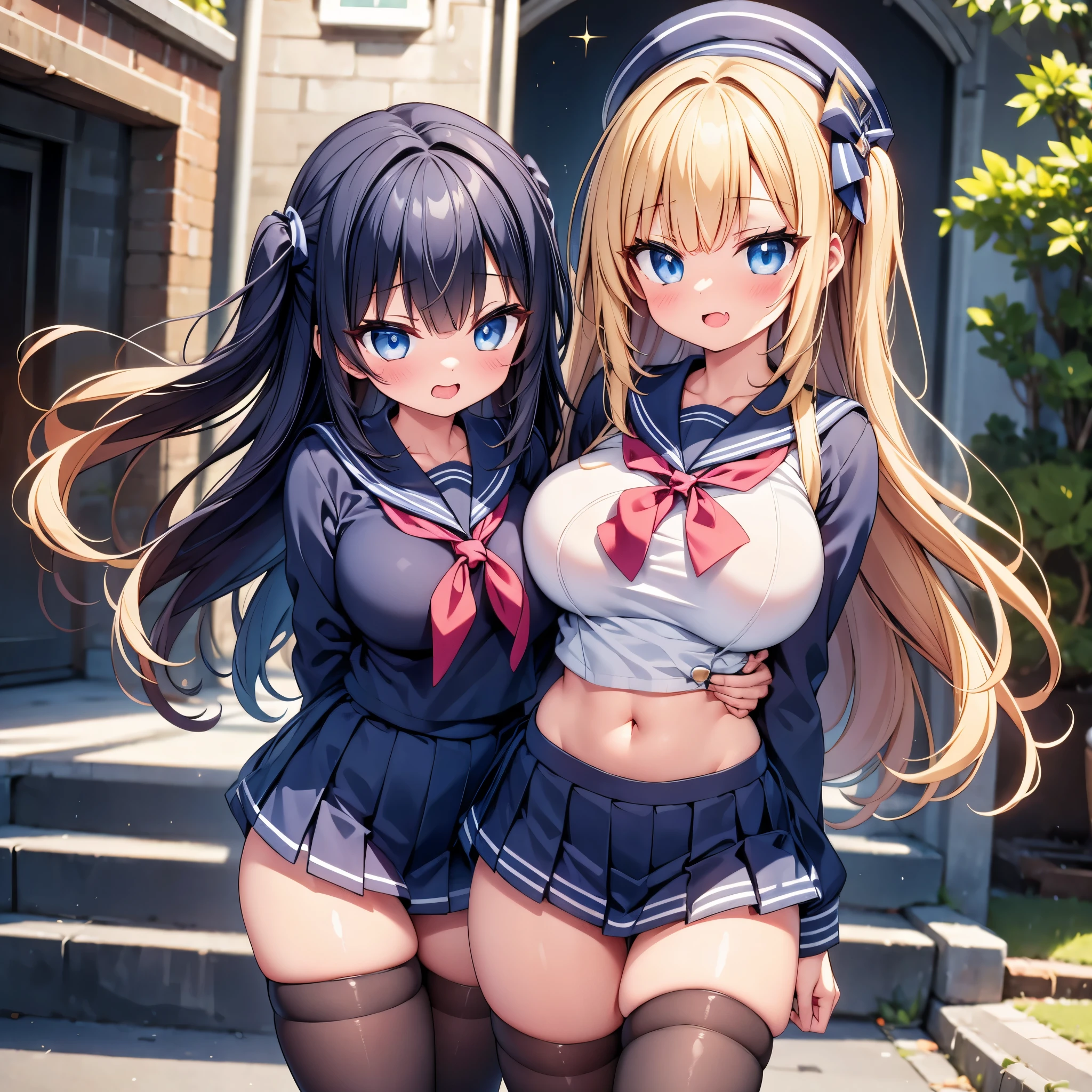 highest quality,wonderful,finely,extremely detailed CG Unity 8K wallpaper, (Stand in line:1.2), (3 girls, cute eyes, sailor uniform, clothed), (sparkling eyes:1.2), (huge breasts), (open mouth:1.1), (long tongue:1.1), (mouth drool:1.1), (black stockings:1.1),(Thighs:1.1),(Waistline:1.1),(midriff peek:1.1)