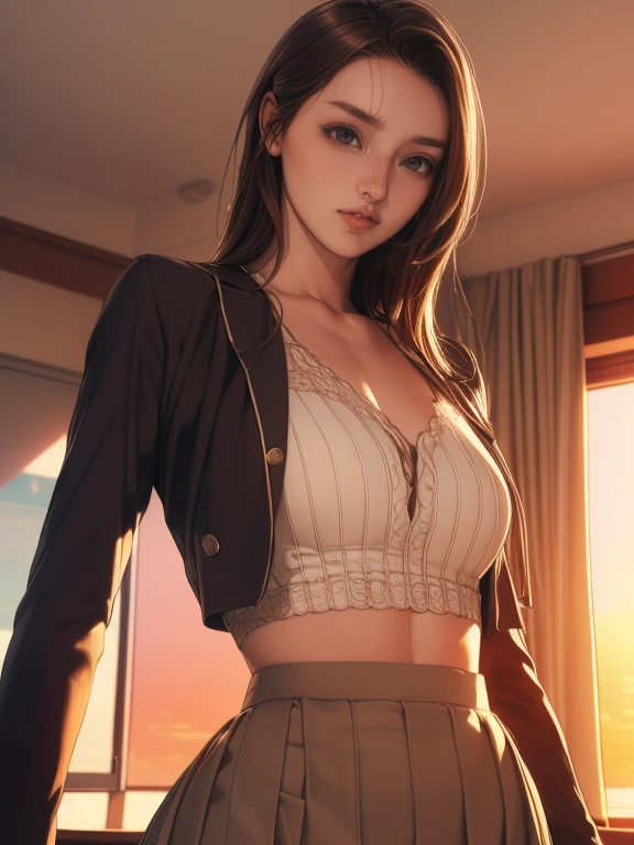 (8k,Photorealistic, masutepiece, Best Quality, Raw photo:1.3)、1woman in, 25years old,Solo,school girl, Long hair, Brown hair, Detailed beautiful face, alluring face, (Detailed beautiful brown eyes:1.2), sagging breasts,(loose suit, sheer Skirt :1.35), ( Perfect body skinny beauty: 1.4),( sexy Pose:1.3), (Looking at Viewer, front view,eyes focus:1.2), Detailed background, (sunset:1.2), classroom,fine detailed, intricate detailes,  Ray tracing, depth of fields, seductive smile,classroom,(open mouth:0.9),(self,up skert lift:1.8),(show off panties:1.1 ),　 