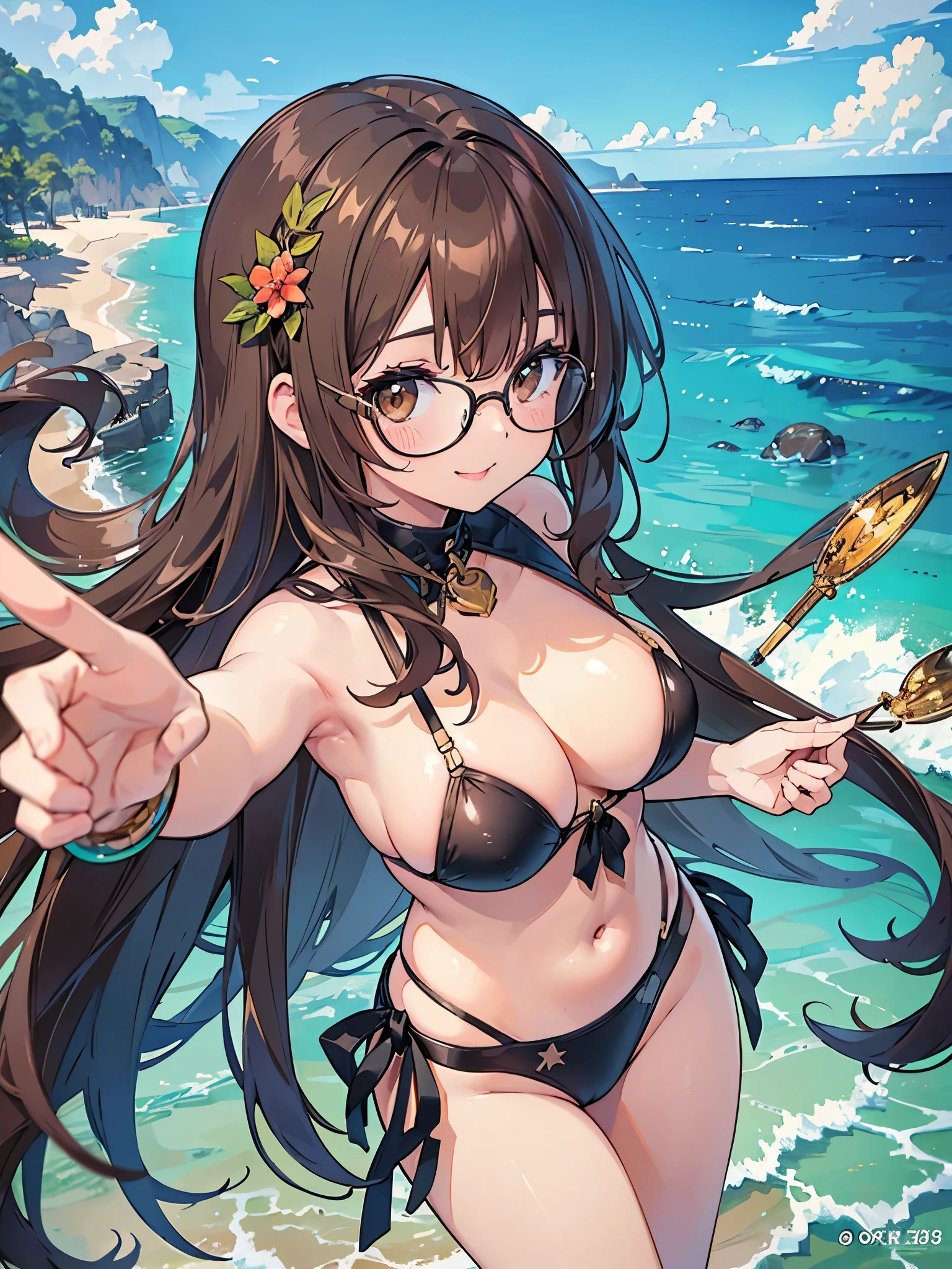 1 Female、Brown hair、Brown Eyes、Best Quality、Super detailed、8 Resolution、Raw photo、Mastepiece、Perfect Body、high resolution、highest quality、Detailed drawing、Vibrant colors、lure、smile、Long Hair、Black-rimmed glasses、Captivating breasts、Ocean、bikini
