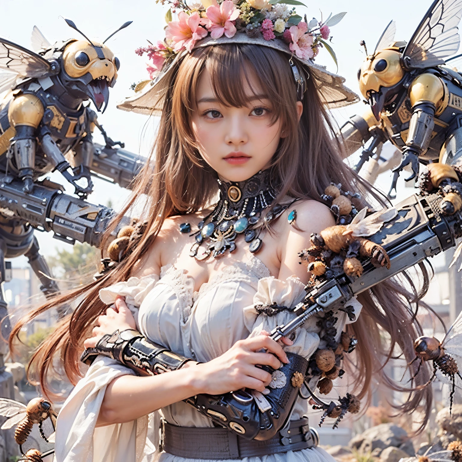 (masterpiece, best quality:1.2), (8k uhd, 16k, 32k, ultra high res), (photorealistic:1.37), (RAW photo), ultimate-realistic, ultimate-realistic details, ultimate-realistic texture, ultimate-intricate details, ultimate-realistic lighting, ultimate-realistic shadow, japanese girl, ultimate-cute face, ultimate-RAW skin, ultimate-realistic eyes, Japanese woman in insect powered suit, cannon mounted on shoulder, very cute face, mechanical, extremely intricate details, full body shot, ultimate photorealistic, big city locked down