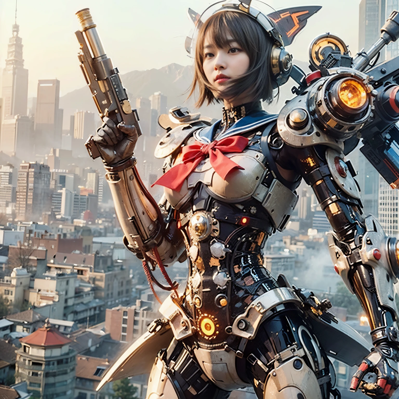 (masterpiece, best quality:1.2), (8k uhd, 16k, 32k, ultra high res), (photorealistic:1.37), (RAW photo), ultimate-realistic, ultimate-realistic details, ultimate-realistic texture, ultimate-intricate details, ultimate-realistic lighting, ultimate-realistic shadow, japanese girl, ultimate-cute face, ultimate-RAW skin, ultimate-realistic eyes, Japanese woman in insect powered suit, cannon mounted on shoulder, very cute face, mechanical, extremely intricate details, full body shot, ultimate photorealistic, big city locked down