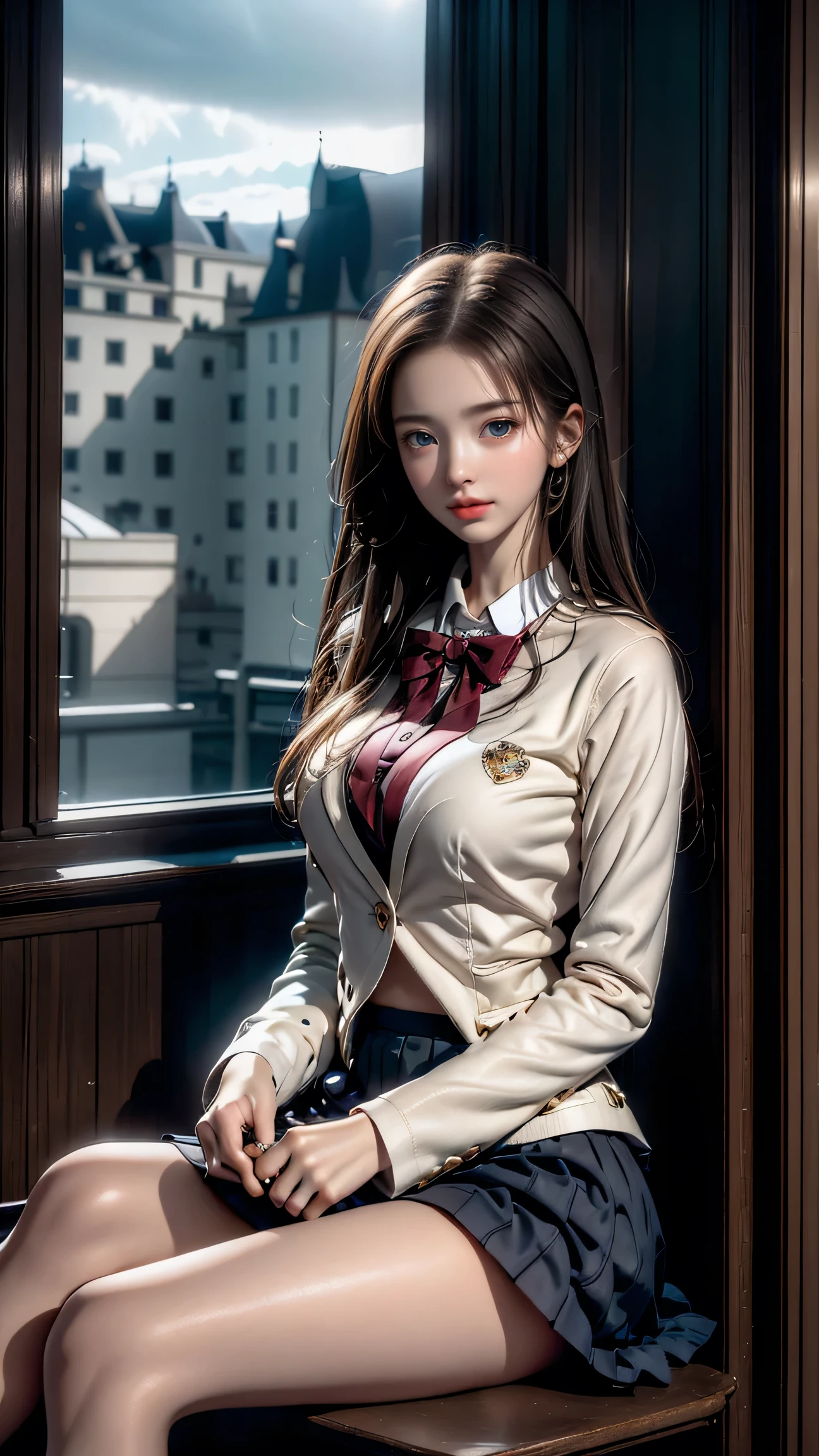 Top quality work,Actual work,Ultra Premium Graphics,8K HD CG Works,High quality graphics,High-definition CG works,10x pixels,Extremely fine detail:1.1,Advanced Technical Details:1.1 Photorealistic,Indoor lighting effects:1.5,Natural light:1.5. Light effects(virtual Light effects:1.8),長いSilver Hair,Silver Hair,Transparent Hair,Hair with attention to detail(Premium Hair Detail:1.1)Clear Eyes,((High school girl lying on bed))、(White blazer)、(White blouse)、Red bow tie、((Dark blue checked skirt)). 40k, photograph, Tabletop, highest quality, ((Beautiful Eyes、One girl with long, straight brown hair, . White skin, Various poses.((Mid-chest,:1.1)), highest quality, Tabletop, Ultra-high resolution, (Realistic:1.4), RAWphotograph, (Perfect figure), (slim:1.3), Slim abdomen, Perfect slim figure, Dynamic pose, alone, Cold light 12000K, (Realistic skin), charm, Ultra-high resolution, Ultra-realistic, very detailed,(The wind blows up my skirt),(smile)、 (Realistic skin), charm, Ultra-high resolution, Ultra-realistic, very detailed,(The wind blows up my skirt),(Lift up the skirt),((White panties are visible)