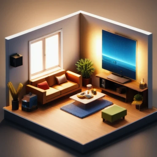 There was a small room，There is a sofa, a television, a table, and a chair, Evenly distributed at 8k, Stylized 3D rendering, Magical voxel movie lighting, 3D rendering style, 3D Video Game Rendering, 3D ios room photo, 3D rendering uniform lighting, videogame 3d render, and perform 3D rendering under adequate lighting conditions（（（Miniature Scene）））45 degree viewing angle