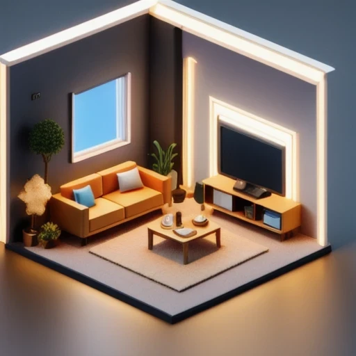 There was a small room，There is a sofa, a television, a table, and a chair, Evenly distributed at 8k, Stylized 3D rendering, Magical voxel movie lighting, 3D rendering style, 3D Video Game Rendering, 3D ios room photo, 3D rendering uniform lighting, videogame 3d render, and perform 3D rendering under adequate lighting conditions（（（Miniature Scene）））45 degree viewing angle