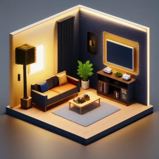 There was a small room，There is a sofa, a television, a table, and a chair, Evenly distributed at 8k, Stylized 3D rendering, Magical voxel movie lighting, 3D rendering style, 3D Video Game Rendering, 3D ios room photo, 3D rendering uniform lighting, videogame 3d render, and perform 3D rendering under adequate lighting conditions（（（Miniature Scene）））45 degree viewing angle