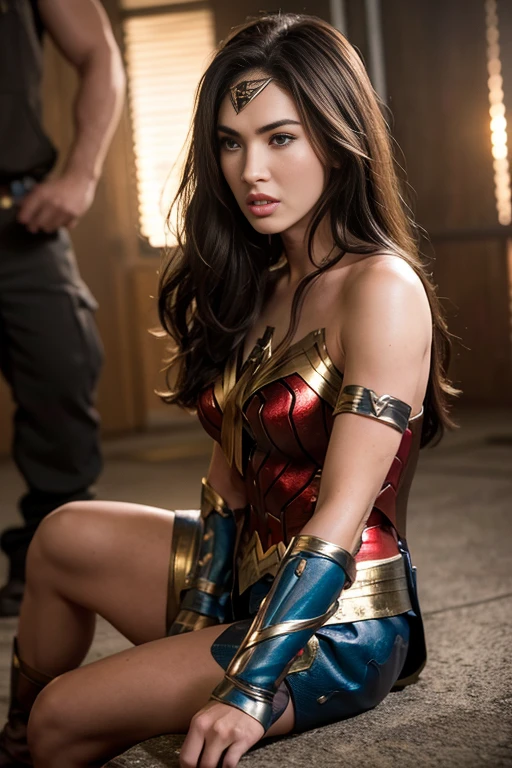 from the side,perfect wonder woman costume, megan fox, crawl on all fours,sleeping face,Close ~ eyes,open your mouth,tired face,face of suffering,sky face,sleeping face,fight the men,surrounded by men,,caught between men,being tackled by men,Intertwining with men, Attacked by men,assaulted by men,Being bullied by guys,being sexually abused by a man,Captured by a man,Being detained by a man、touch your face,、Hair is pulled hard,My head is grabbed,licked my hair,lick my face,brown hair,  masterpiece、beautiful girl、fine 目、puffy eyes、highest quality, 超High resolution, (reality: 1.4), movie lighting,super beautiful、beautiful skin、(Ultra-realistic)、(High resolution)、(8K)、(very detailed)、(beautiful and fine 目)、(Super detailed)、 detailed face、slanted bangeshi hair、brown hair、20-year-old、wonder woman cosplay，wonder woman tiara