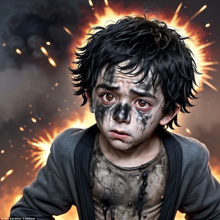 Caught in an explosion、A slapstick comedy about a boy actor who is covered in soot and in tatters..