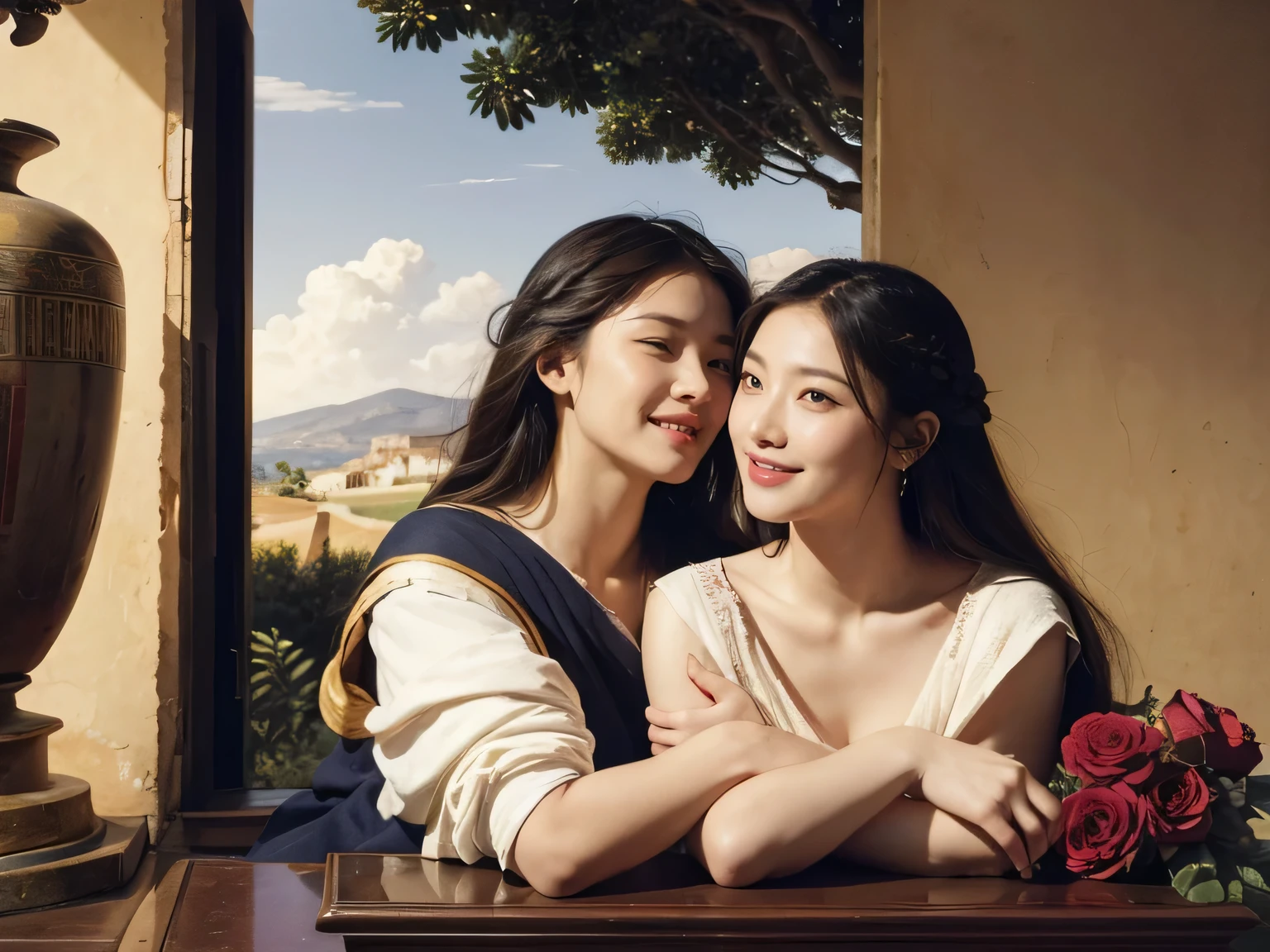 full body portrait or statue、Giorgione painting style,Arguments of two female Philosophe,math、astronomical machine、astronaut、roses in vase、fruits、Cute trinkets、smile、ancient greek costume、Ancient Roman landscape in the style of Nicolas Poussin,laughter,,Sweet and seductive appearance.、Caravaggio's paintings、Chiaroscuro of Caravaggio、hair tousled by the wind,Two women frolicking,cute smile, expression of ecstasy,Sexy,erotic,