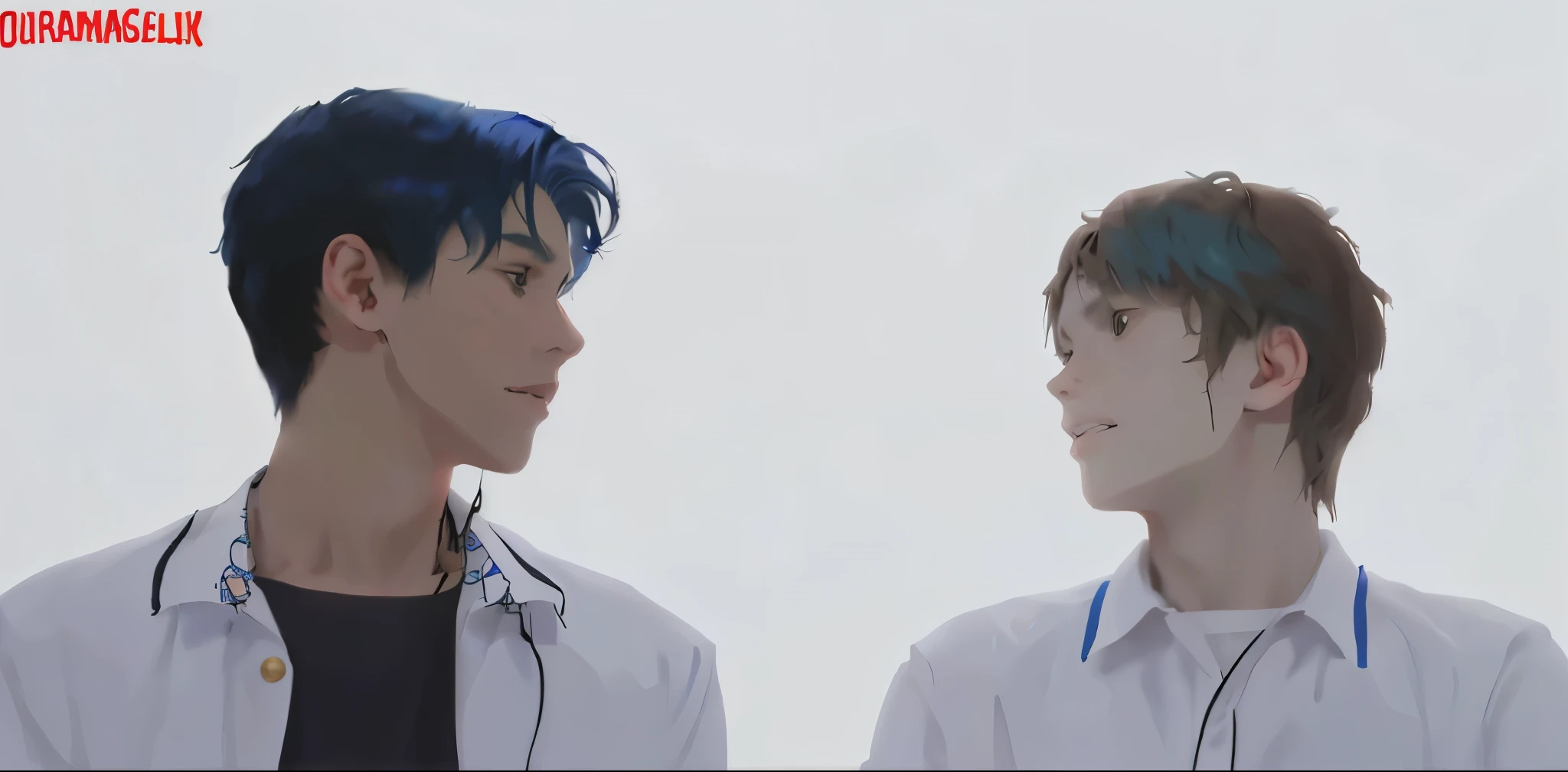 There are two 16 year old boys, one with blue hair and the other with brown hair.