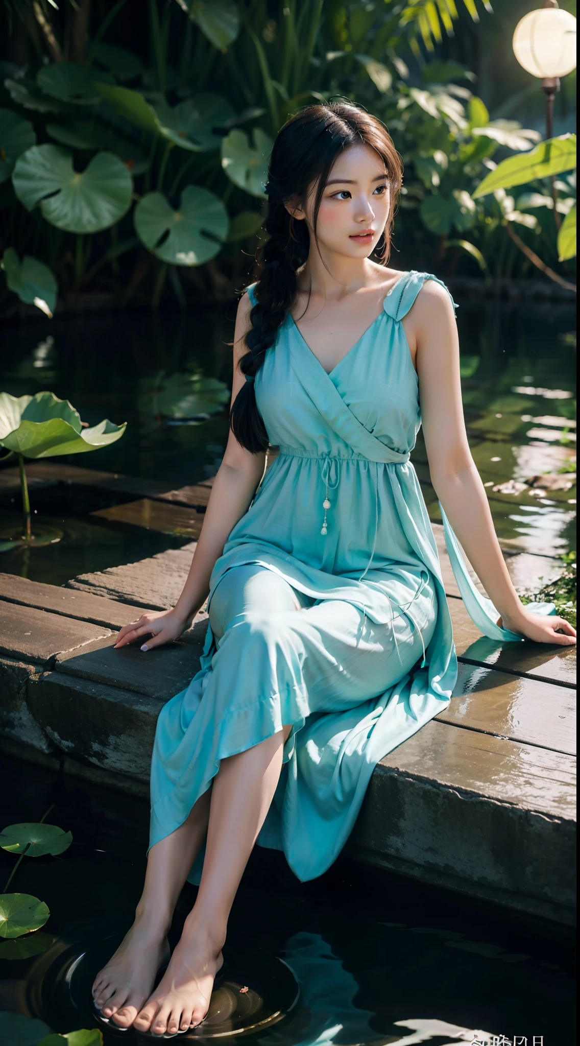 Sitting by a lake full of lotus flowers, feet playing in the water, the art depicts a charming woman with a melon face, dressed in a flowing, silky traditional oriental dress, long, aqua blue, decorated with intricate patterns and bright colors. Her dress drapes elegantly over her curvy figure, accentuating her seductive silhouette. She sits gracefully by the tranquil lotus lake, her feet playing in the water, bathed in the soft glow of the moonlight. The scene exudes an ethereal and dreamy atmosphere, with a touch of mystery and sexiness. The graphic style blends watercolor and digital illustration techniques to evoke a refined beauty and charm. The lights are filled with soft moonlight, casting soft highlights and shadows on her charming features. Bare thighs, big breasts, three-dimensional facial features, sitting, upturned legs, side braids