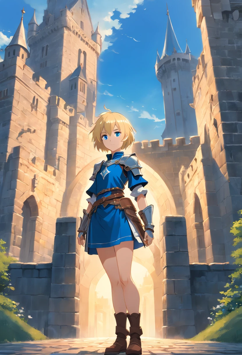 17 years old Women, ((Blonde)), ((Blue eyes)), ((Short hair)), ((Full Body)), Wearing a medieval dark cristal grey armor, stand in front of a castle drawbridge