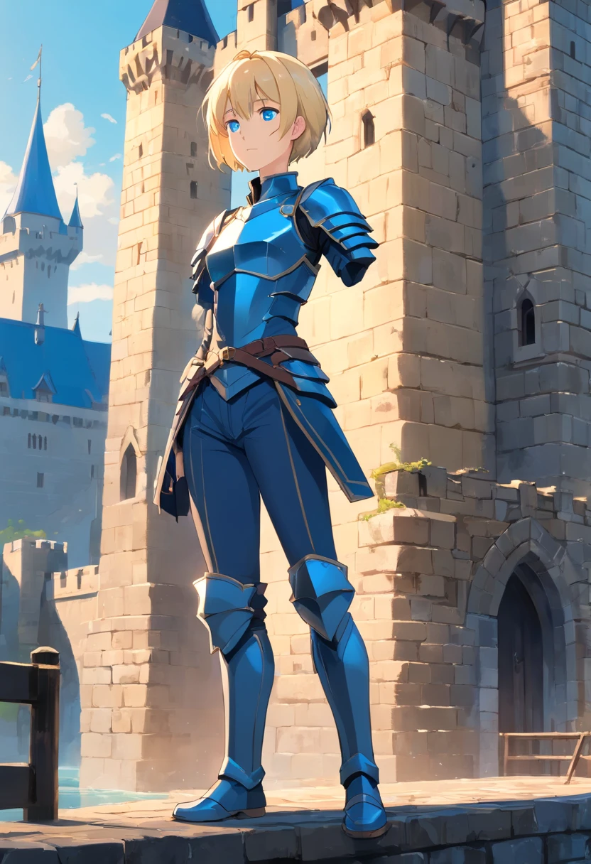 17 years old Women, ((Blonde)), ((Blue eyes)), ((Short hair)), ((Full Body)), Wearing a medieval dark cristal grey armor, stand in front of a castle drawbridge