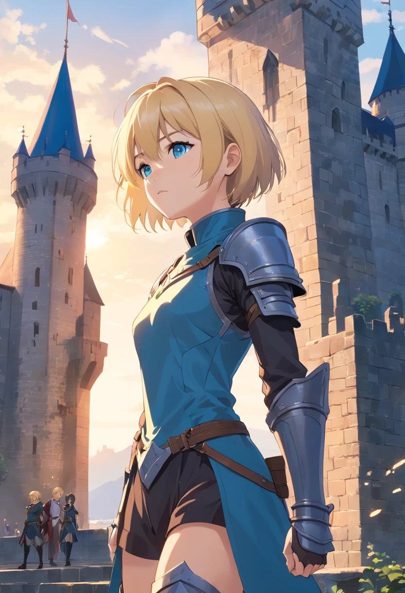17 years old Women, ((Blonde)), ((Blue eyes)), ((Short hair)), ((Full Body)), Wearing a medieval dark cristal grey armor, stand in front of a castle drawbridge