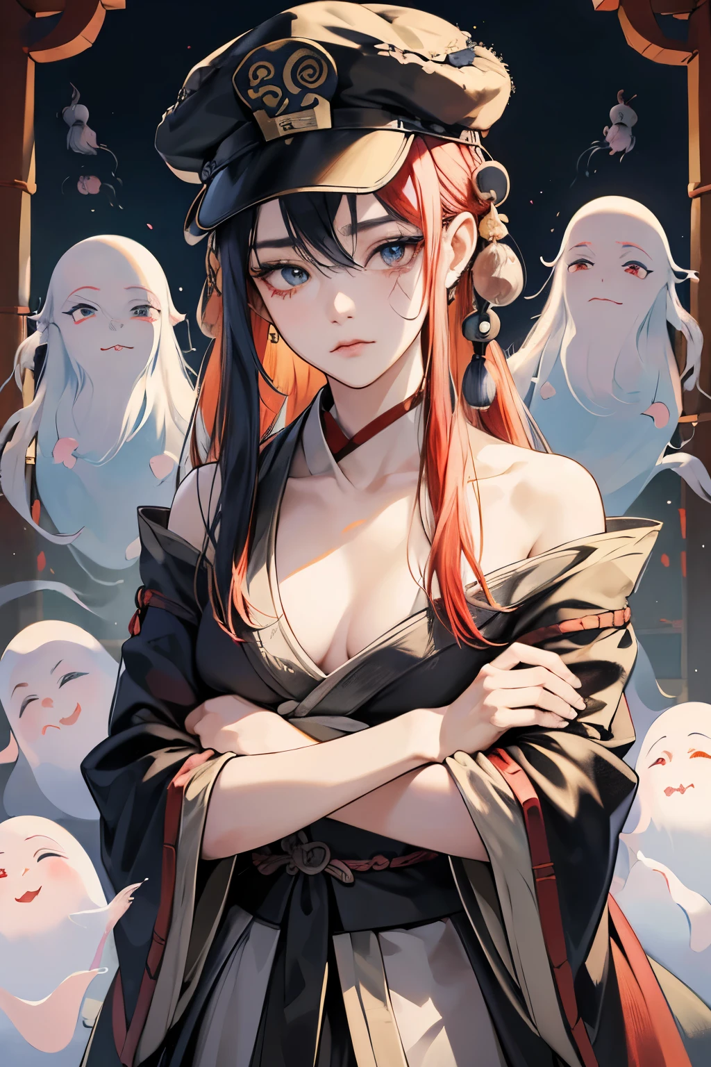 (absurdres, highres, ultra detailed),Masterpiece,intricate details,Best quality,8k,Realistic face,anime girl,Realistic skin texture,magnified textures, stunning clarity, ultra detailed eyes and faces,(onmyouji),tsurime,,Pentagram,night,,(heian),cowboy shot,noble,媪 Fu,multi colored hair,(ancient japanese cap:1.6),monolid eyes,pout,crossed arms,ancient kyoto,(ugly ghosts in the background:1.6),from avove,small breasts,(Shoulder Bare)