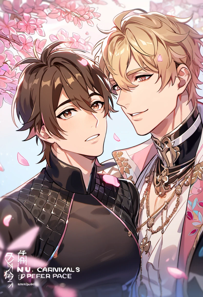 absurdres, highres, ultra detailed, HDR, master piece, best quality, perfect face, beautiful eyes, delicate features, Quincy, blond messy hair, expressive amber eyes, Nu Carnival, Eiden, brown hair, expressive brown eyes, two men together, gay couple, handsome, fantasy black leather clothes, patterns, pink ice butterflies, pink ice flowers, pink ice petals, pink ice trees