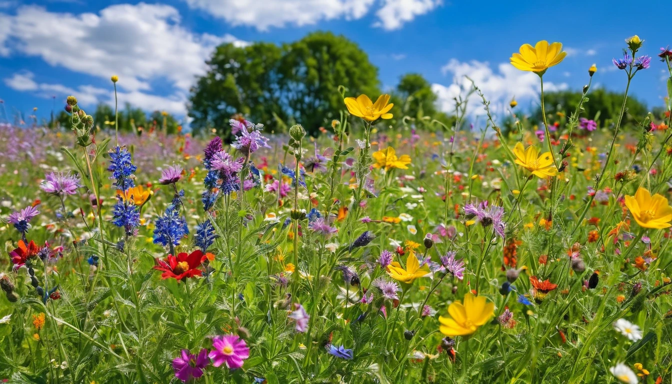 Flowers of various colors are blooming in the field, blue sky in the background, large flowers in the foreground, wild flowers, meadow flowers, wild flowers, flower meadow,
