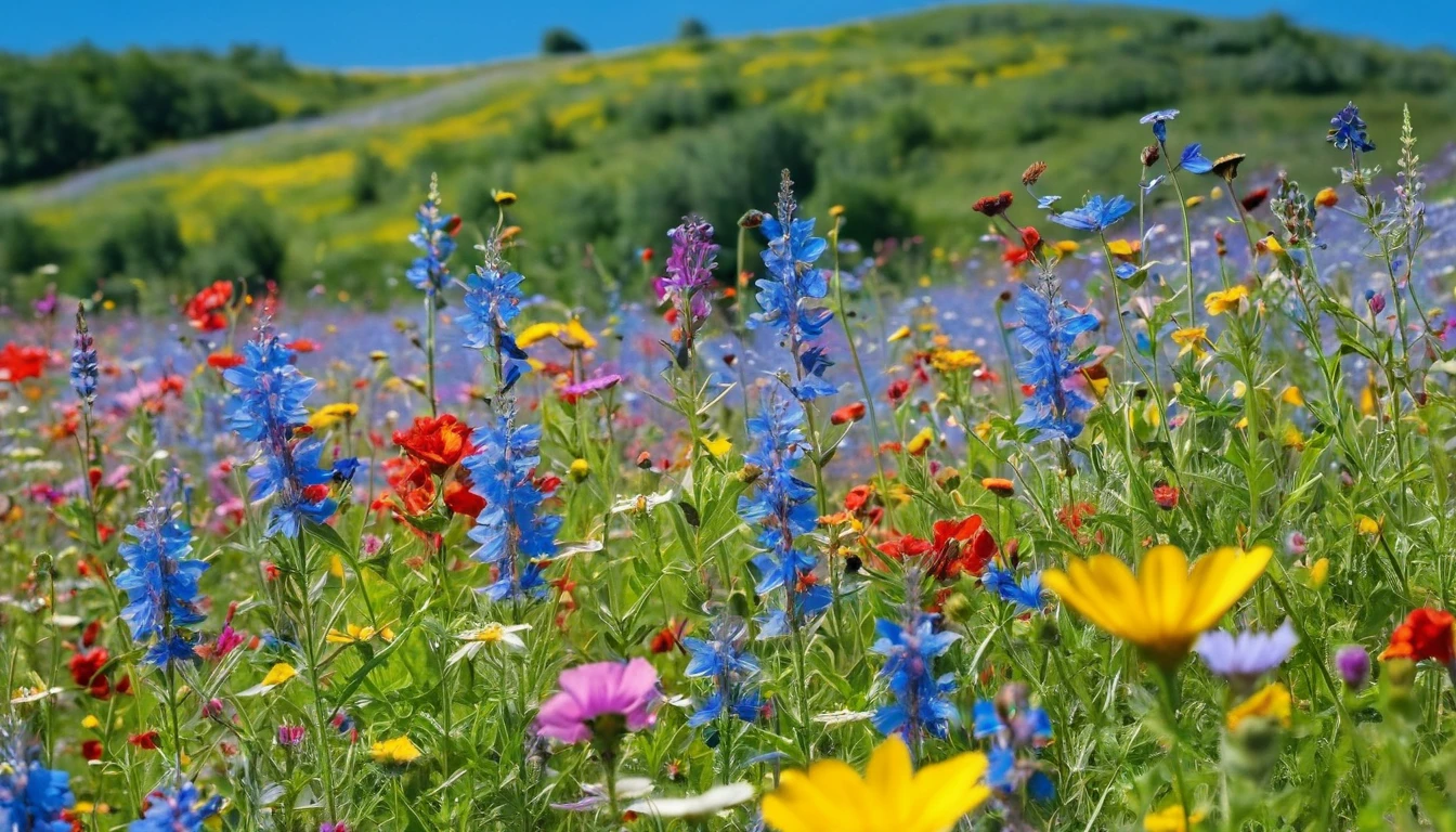 Flowers of various colors are blooming in the field, blue sky in the background, large flowers in the foreground, wild flowers, meadow flowers, wild flowers, flower meadow,