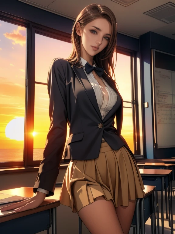 (8k,Photorealistic, masutepiece, Best Quality, Raw photo:1.3)、1woman in, 25years old,Solo,school girl, Long hair, Brown hair, Detailed beautiful face, alluring face, (Detailed beautiful brown eyes:1.2), medium breasts,(loose suit, sheer Skirt :1.35), ( Perfect body skinny beauty: 1.4),( temptation Pose:1.3), (Looking at Viewer, front view,eyes focus:1.2), Detailed background, (sunset:1.2), classroom,fine detailed, intricate detailes, Ray tracing, depth of fields, seductive smile,classroom,