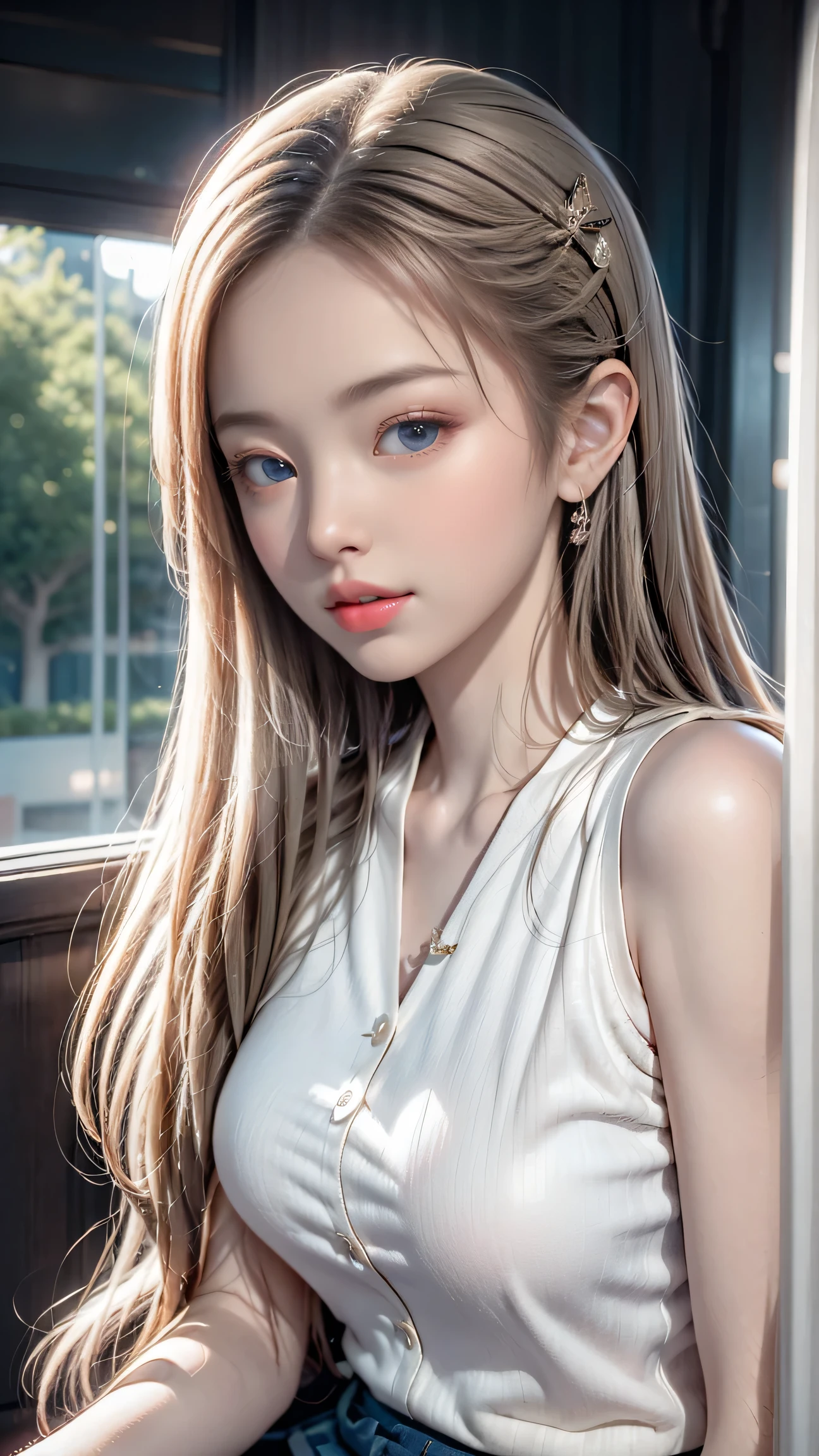 (Girl sitting on train seat)、Best quality work,Actual work,Ultra Premium Graphics,8K HD CG works,High quality graphics,High-definition CG works,10x pixels,Extremely fine detail:1.1,Advanced Technical Details:1.1 Photorealistic,Indoor lighting effects:1.5,Natural light:1.5. Light effects(virtual Light effects:1.8),長いSilver Hair,Silver Hair,Transparent Hair,Hair with attention to detail(Premium Hair Detail:1.1)((Eyes closed)), Thin eyebrows,High nose, Nice red lips, Rose Cheeks, A face with subtle makeup , Cute face, perfectly balanced face,(Advanced Face Detail:1.1),(girl in school uniform),Like a fairy in a painting,A beautiful face is beautiful and delicate,Show the light of patience and wisdom。The bridge of the nose is straight,Cherry lip color, her face is clear,Her skin is as white as jade,Gives a healthy glow,Her makeup is light and subtle.,Not too decorative,A light-toned foundation enhances the clarity of your skin.,(Her eyes are closed)、Add a touch of glamour and sophistication、Swaying with her movements。Her hair is casually tied back,Fix with hosta,A few strands of hair are swaying gently in the wind,Add a little softness、Charmed everyone'Note、Grace、mystery、full of power,(White panties are visible),(Lift-up skirt)、(Eyes closed),Lift your head,Thick and long black hair,very elaborate body,Highly detailed face,highest quality、(P私NK Underwear),(high school girl),((White Blazer、Chest emblem))、(White blouse),((Loose red bow tie)),((Navy Check Flared Skirt))、(smile),Thick and long black hair,very elaborate body,Highly detailed face,highest quality、(P iNK Underwear),(high school girl),((Out of the window, Blurred skyscrapers)),((I can see her white lace panties)),((Spread your legs)),