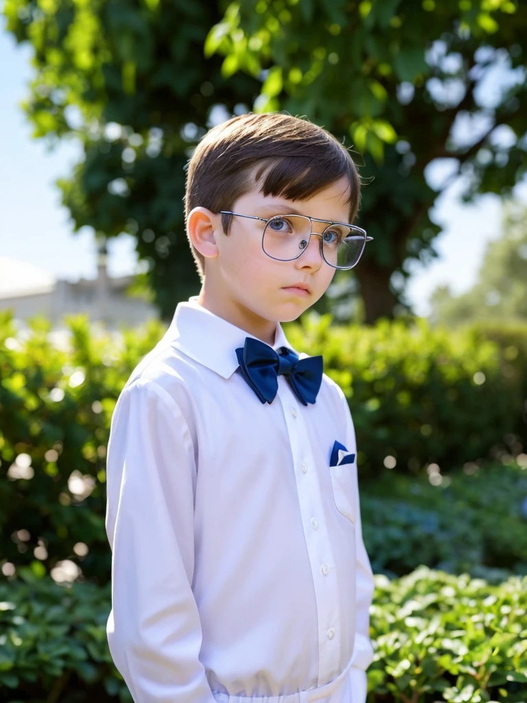 A 10-year-old boy, white skin, light brown hair, blue eyes, fine features, very hot, the moon in the background, wearing very formal clothes, standing in front of a large garden, wearing very discreet glasses, looking sad and thoughtful., muy serio muy triste mucho muy serio