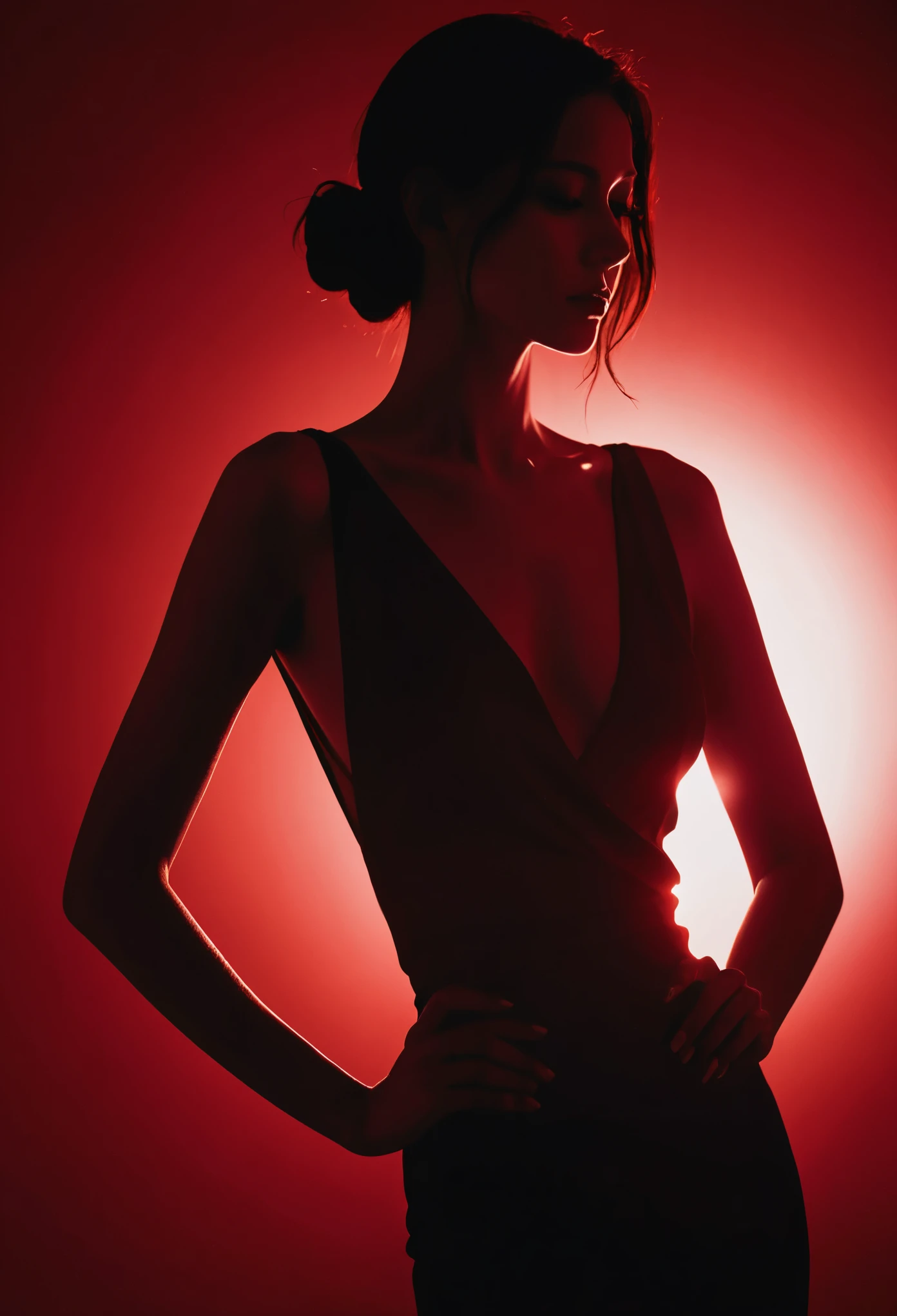 score_10,score_9, score_8_up, score_7_up, score_6_up, score_5_up, Silhouette Art portrait, breathtaking art drawing portrait, (beautiful charming woman), slender figure, slightly posing, a tight sleek strict dress. bright red backlight illuminates elegant woman's dark dim silhouette, (bright glowing red contour and outline), light only from behind, fully shaded dark dim body, (masterpiece), (realistic), 8k, RAW photo, very wide shot, octane render, unreal engine, volumetrics dtx, (film grain, bokeh, blurry foreground)