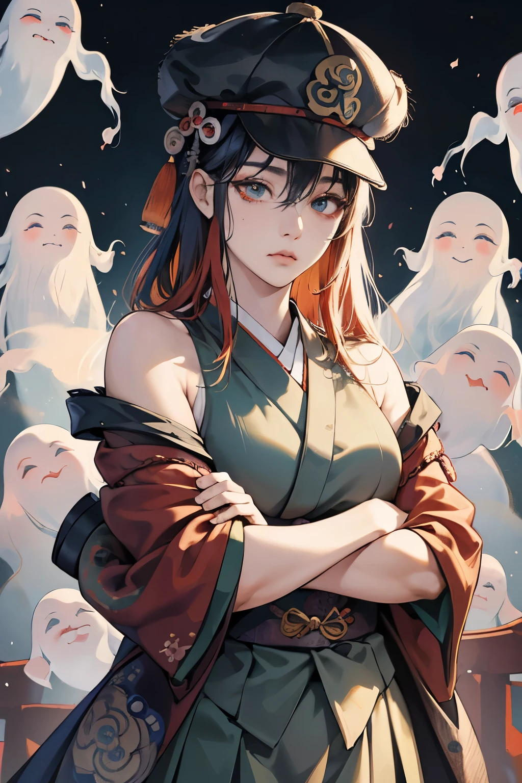 (absurdres, highres, ultra detailed),Masterpiece,intricate details,Best quality,8k,Realistic face,anime girl,Realistic skin texture,magnified textures, stunning clarity, ultra detailed eyes and faces,(onmyouji),tsurime,13 years old,Pentagram,night,,(heian),cowboy shot,noble,媪 Fu,(ancient japanese cap:1.5),monolid eyes,pout,crossed arms,ancient kyoto,(ugly ghosts in the background:1.6),from avove,(small breasts),(cleavage)