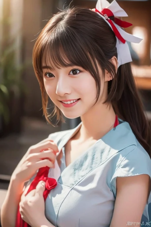 (highest quality,8K quality,masterpiece:1.3),(ultra high resolution,photorealistic:1.4,Live shooting),(Super detailed,caustics),(ultra-realistic capture,Beautifully detailed skin),(shrine),(torii)、(white and red shrine maiden costume),18-year-old,Japanese,cute,black long hair,Low ponytail,Smiling and looking at the camera,big ,bust up shot,Close-up,breast focus,low position,Low - Angle,soft light,A ray of light shines on a girl,Natural light,