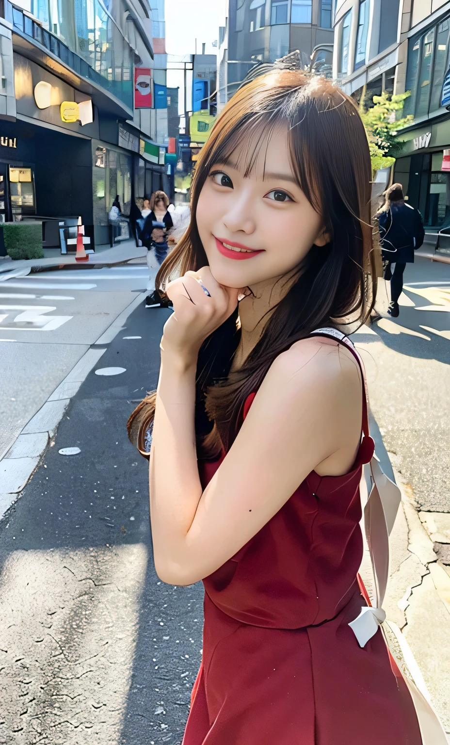 Ulzzang-6500-v1.1, (RAW Photos:1.2), (Realistic:1.4), Beautiful detailed girl, Very detailed eyes and face, Beautiful fine details, Beautiful legs、Ridiculous, Incredibly Ridiculous, Large file size, Super detailed, High resolution, Very detailed, highest quality, masterpiece, Kemomimi,(Red dress ), Face Light, Cinema Lighting, 1 girl, (smile), (Seductive poses))), Full length portrait of a high school girl standing in a bright city street。。She is wearing black loafers on her feet.、The shoes are clearly visible in the bright sunlight.。Behind him are tall buildings and people passing by.々You can see。Her expression is positive and confident。