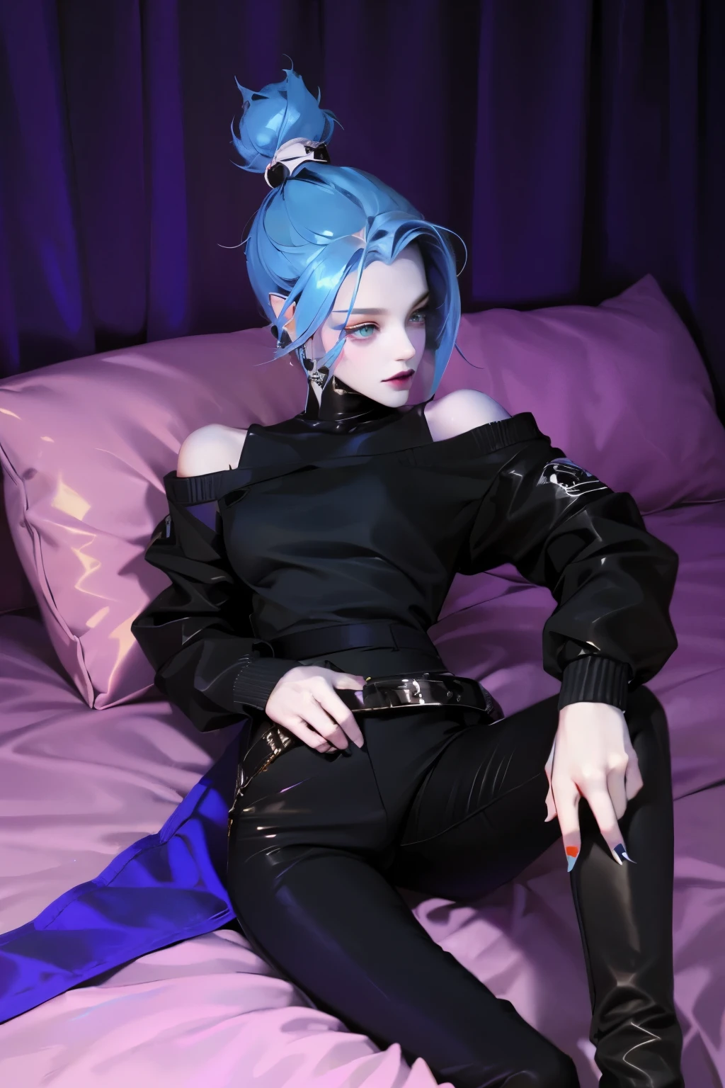 (Pixel Art: 1.2), Beautiful gothic woman, Sexy gothic girl, Designer sweatshirt jacket with logo, Pants, Black short hair，Blue hair tips, bedroom, Lying in bed, (By Isaac Quick: 0.8) [author：Ilya Kuvshinov: 0.65]