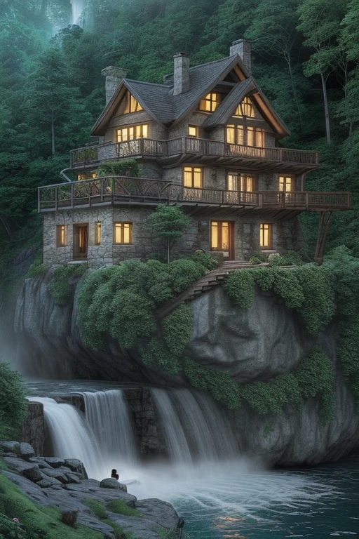 arafed house on a cliff overlooking a river with a waterfall, lake house, beatiful house, fantasy setting, beautiful place, build in a forest near of a lake, beautiful and mysterious, fantasy house, cozy place, setting in nature, fairy tale place, located in a castle, cottagecore!!, very close to real nature, idyllic cottage
