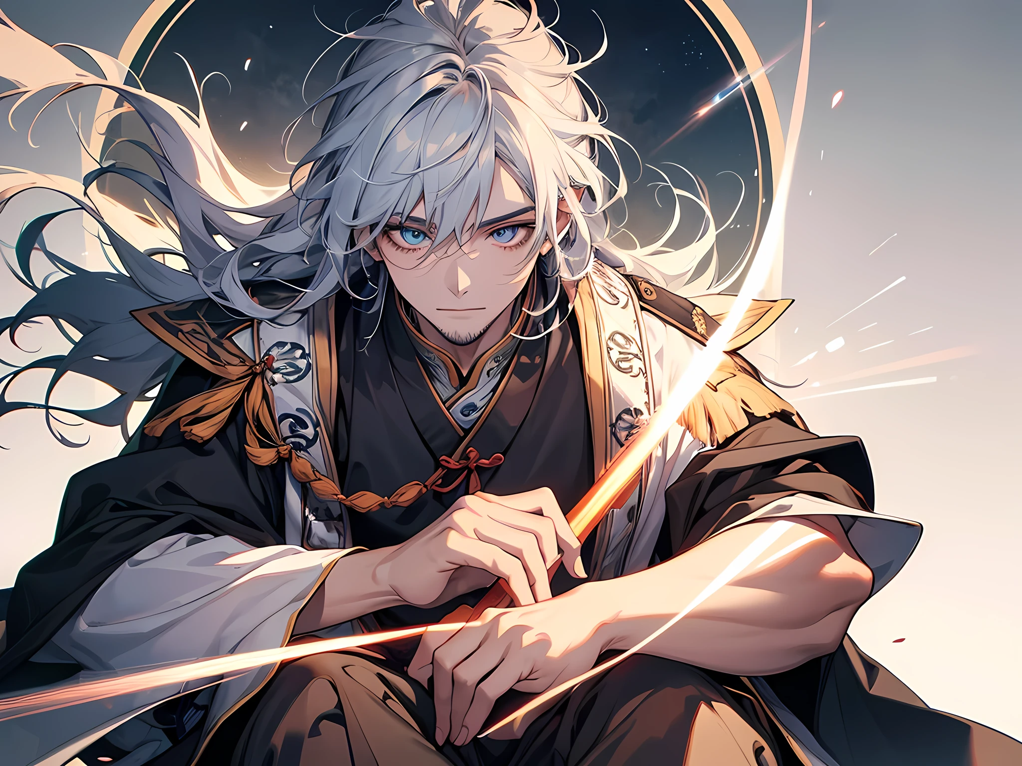 1man, Close-up of a young Chinese Taoist leader sitting on a stone,long whitr hair,lbeard,Meditation cross-legged,Daoism, wearing gorgeous robeagic aura,Taoist master,Taoist,at centre,staring right into camera,Very bright colors, Light particles, with light glowing, Mshiv, wallpaper art, UHD wallpaper, face to detail, detailed eyes, eyes extremely detailed, (half-body:0.6)