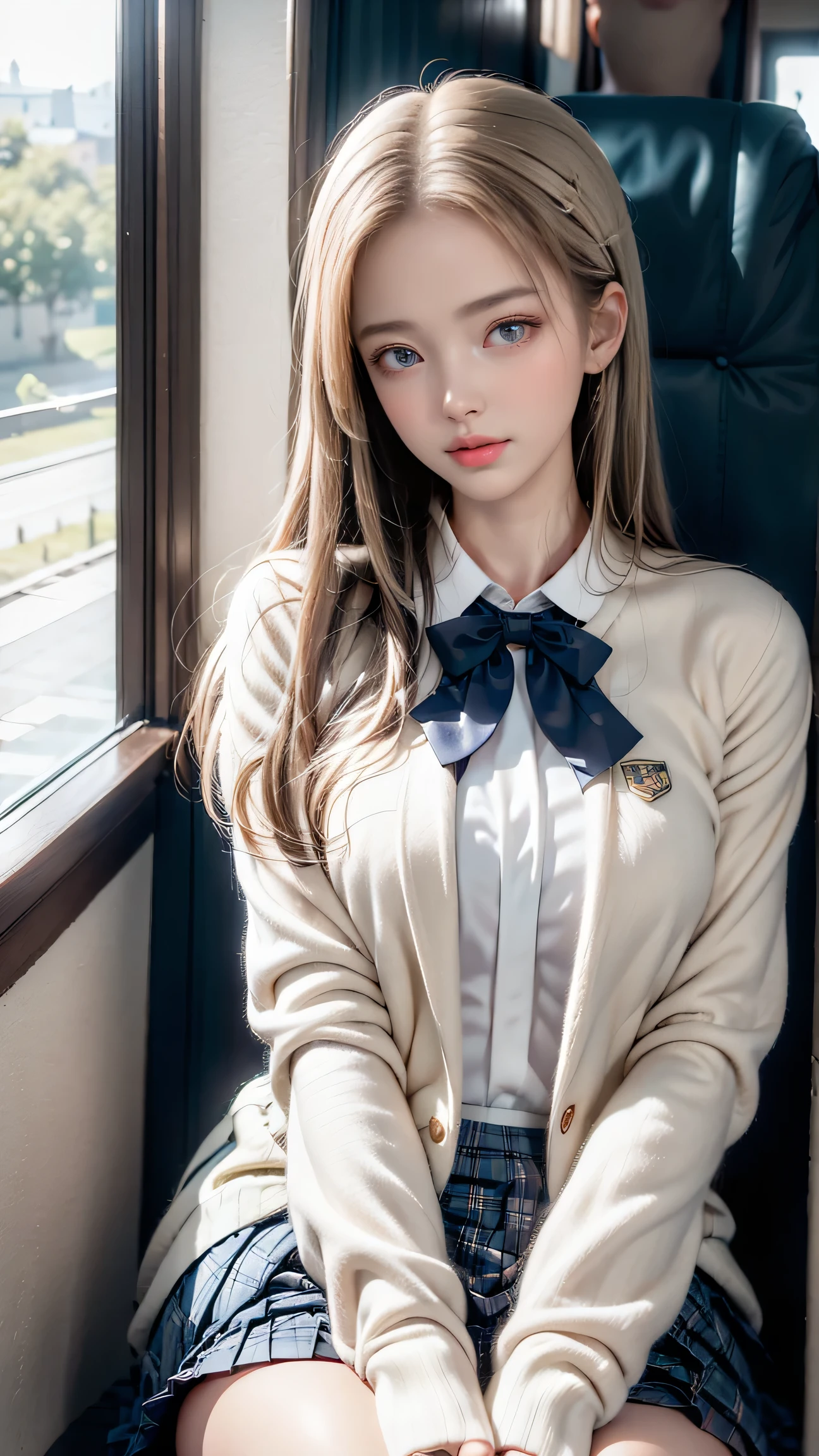 （Girl sitting on train seat)、Best quality work，Actual work，Ultra Premium Graphics，8K HD CG works，High quality graphics，High-definition CG works，10x pixels，Extremely fine detail：1.1，Advanced Technical Details：1.1 Photorealistic，Indoor lighting effects：1.5，Natural light：1.5. Light effects（virtual Light effects：1.8），長いSilver Hair，Silver Hair，Transparent Hair，Hair with attention to detail（Premium Hair Detail：1.1）（(Eyes closed)), Delicate eyelash makeup, Thin eyebrows，High nose, Nice red lips, Rose Cheeks, A face with subtle makeup , Cute face, perfectly balanced face,（Advanced Face Detail：1.1），(girl in school uniform)，Like a fairy in a painting，Slim sexy long legs，A beautiful face is beautiful and delicate，Show the light of patience and wisdom。The bridge of the nose is straight，Cherry lip color, her face is clear，Her skin is as white as jade，Gives a healthy glow，Her makeup is light and subtle.，Not too decorative，A light-toned foundation enhances the clarity of your skin.，Eye makeup: eyeshadow and eyeliner，（Her eyes are closed)、Add a touch of glamour and sophistication，（white blazer emblem on chest）,（White blouse）、（Red bow tie)，(Checked Skirt),(White panties are visible)、Swaying with her movements。Her hair is casually tied back，Fix with hosta，A few strands of hair are swaying gently in the wind，Add a little softness、Charmed everyone&#39;Note、Grace、mystery、full of power,(White panties are visible),(Lift-up skirt)、(Eyes closed)、Attractive eyes，Heartwarming action，Looking away from the camera，Lift your head，Thick and long black hair，very elaborate body，Highly detailed face，highest quality、(P私NK Underwear),(high school girl),((Off-the-shoulder white blazer、Chest emblem))、(White blouse),((緩んだRed bow tie)),((Navy Check Flared Skirt))、(smile)((Female student sitting on a train seat ))，Attractive eyes，Heartwarming action，Looking away from the camera，Bent over，bend over，Turn back，Lift your head，Thick and long black hair，very elaborate body，Highly detailed face，highest quality、(P iNK Underwear),(high school girl),((White Blazer、Chest emblem))、((Translucent blouse)),((Red bow tie)),((Navy Check Flared Skirt)),、((Out of the window, Blurred skyscrapers)),((I can see her white lace panties)),((Spread your legs)),