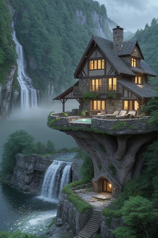 arafed house on a cliff overlooking a river with a waterfall, lake house, beatiful house, fantasy setting, beautiful place, build in a forest near of a lake, beautiful and mysterious, fantasy house, cozy place, setting in nature, fairy tale place, located in a castle, cottagecore!!, very close to real nature, idyllic cottage